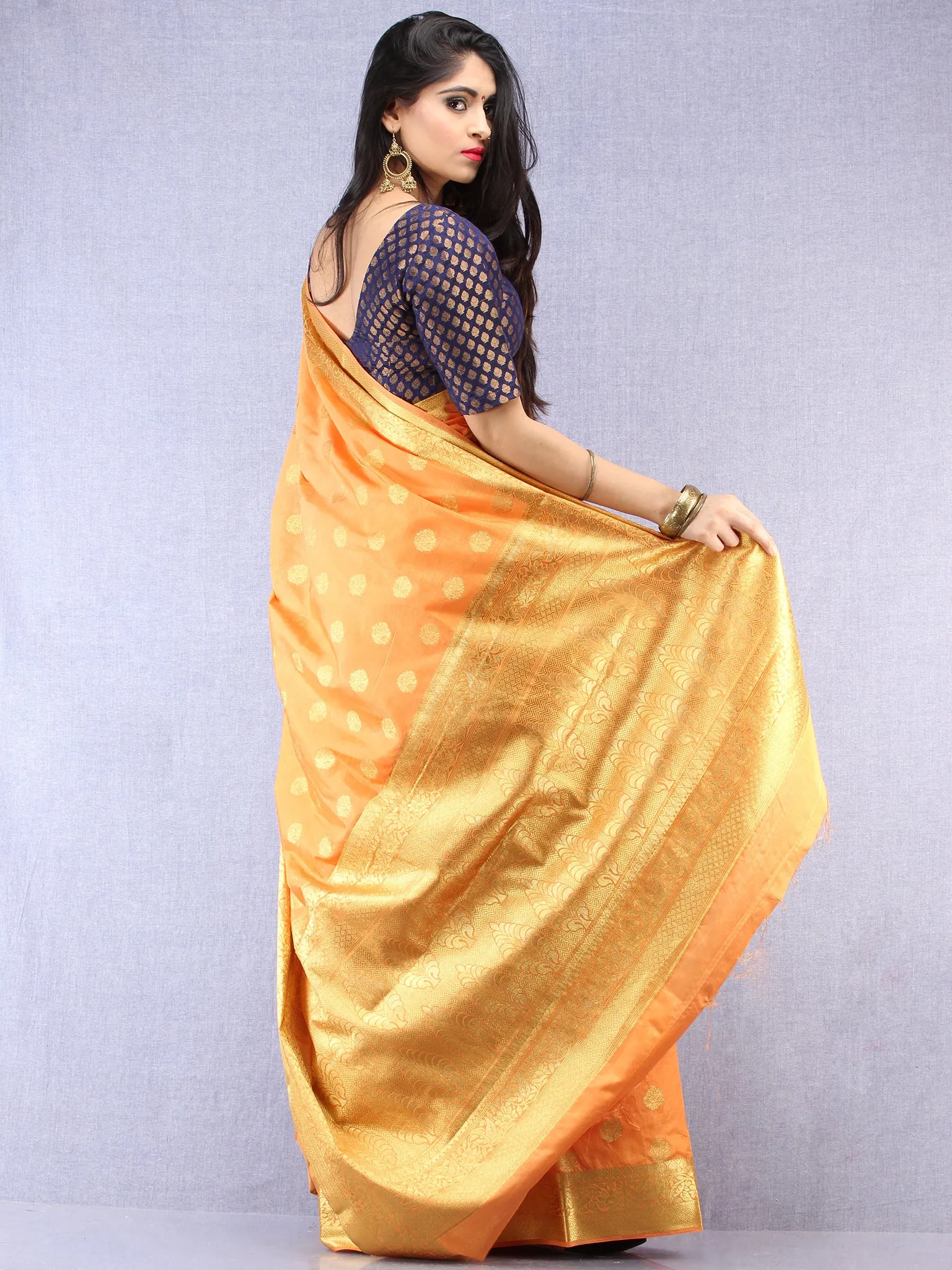 Banarasee Semi Silk Saree With  Golden Zari Work -  Light Orange Golden  - S031704394