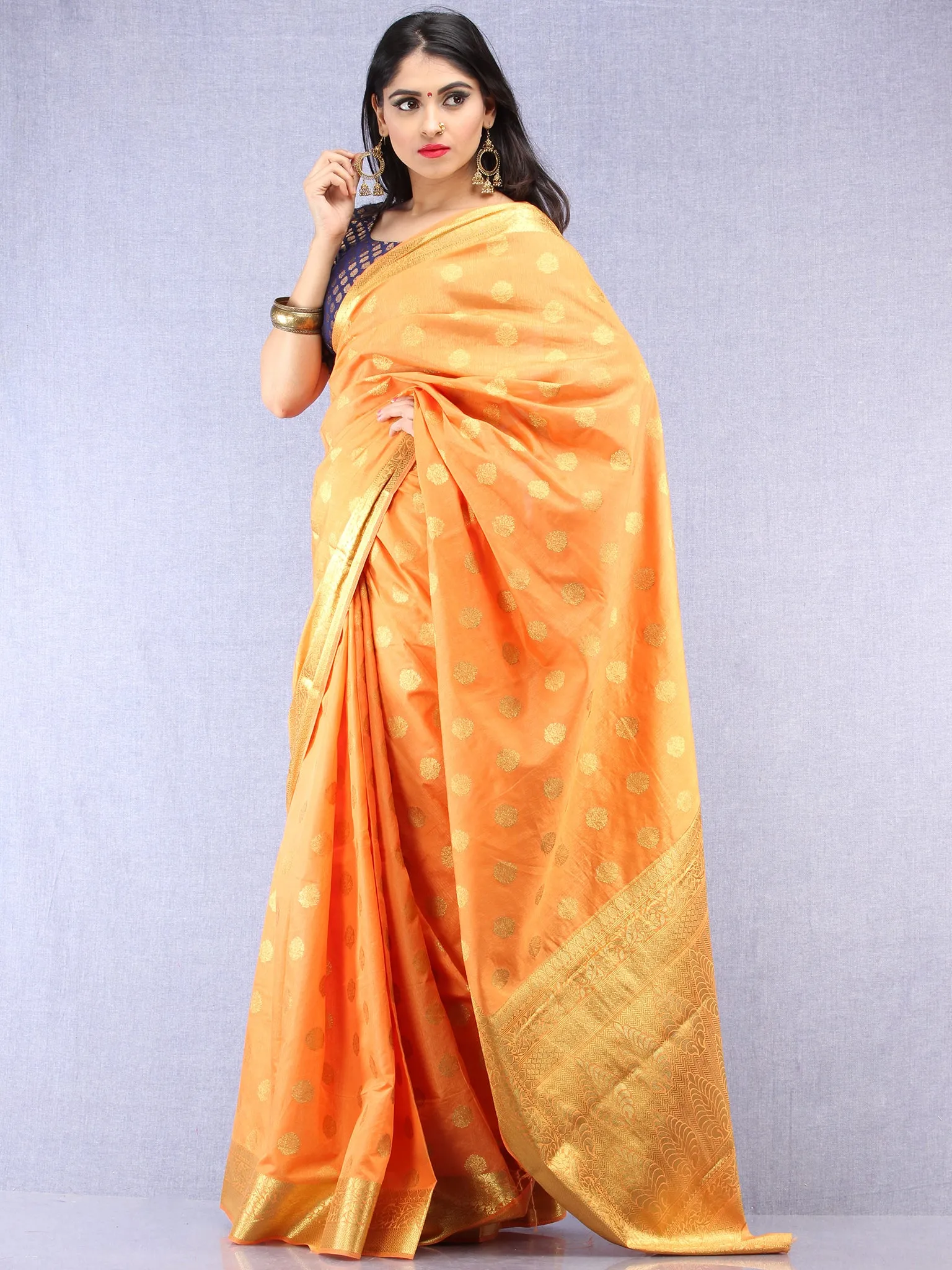 Banarasee Semi Silk Saree With  Golden Zari Work -  Light Orange Golden  - S031704394