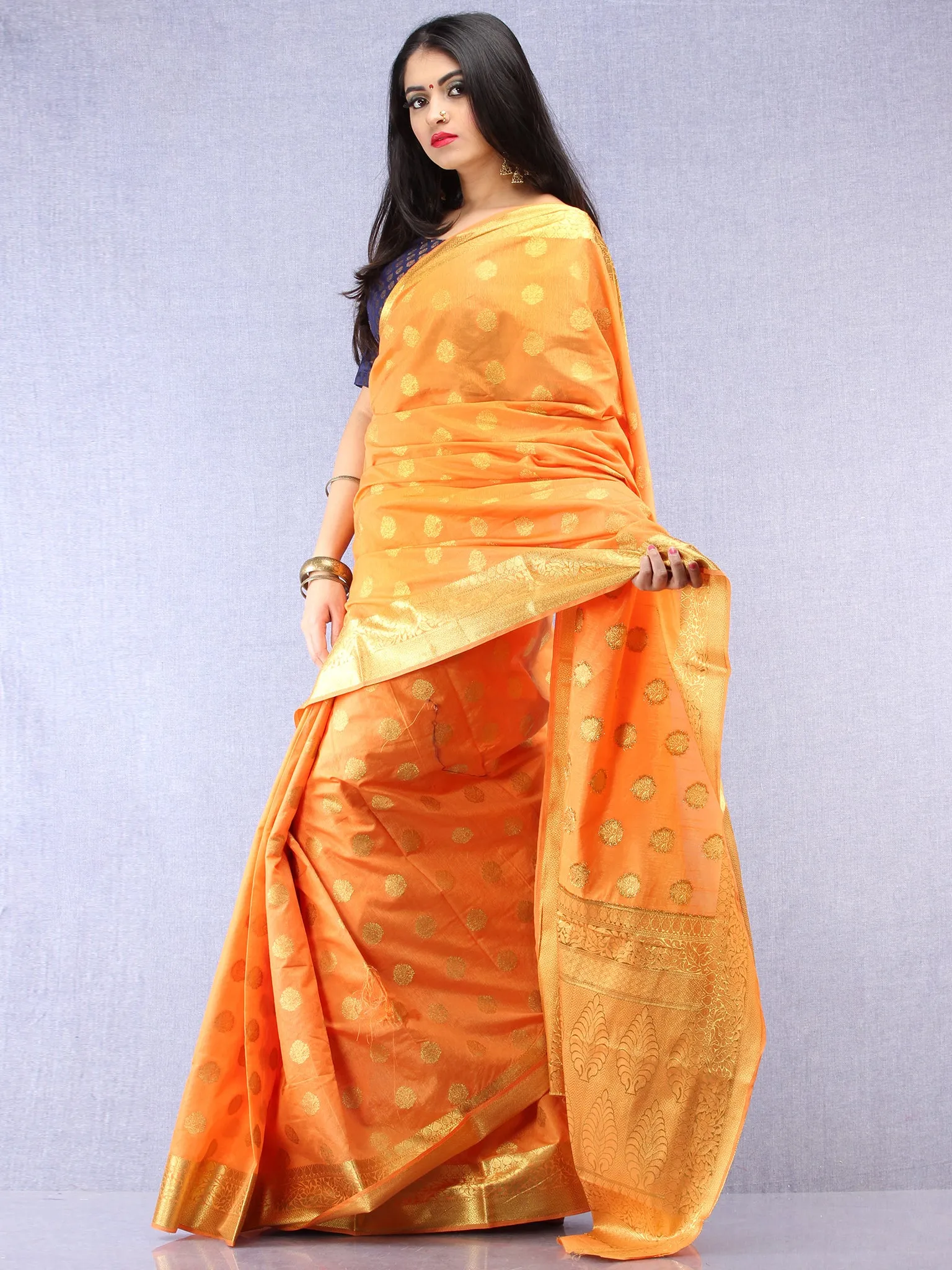 Banarasee Semi Silk Saree With  Golden Zari Work -  Light Orange Golden  - S031704394