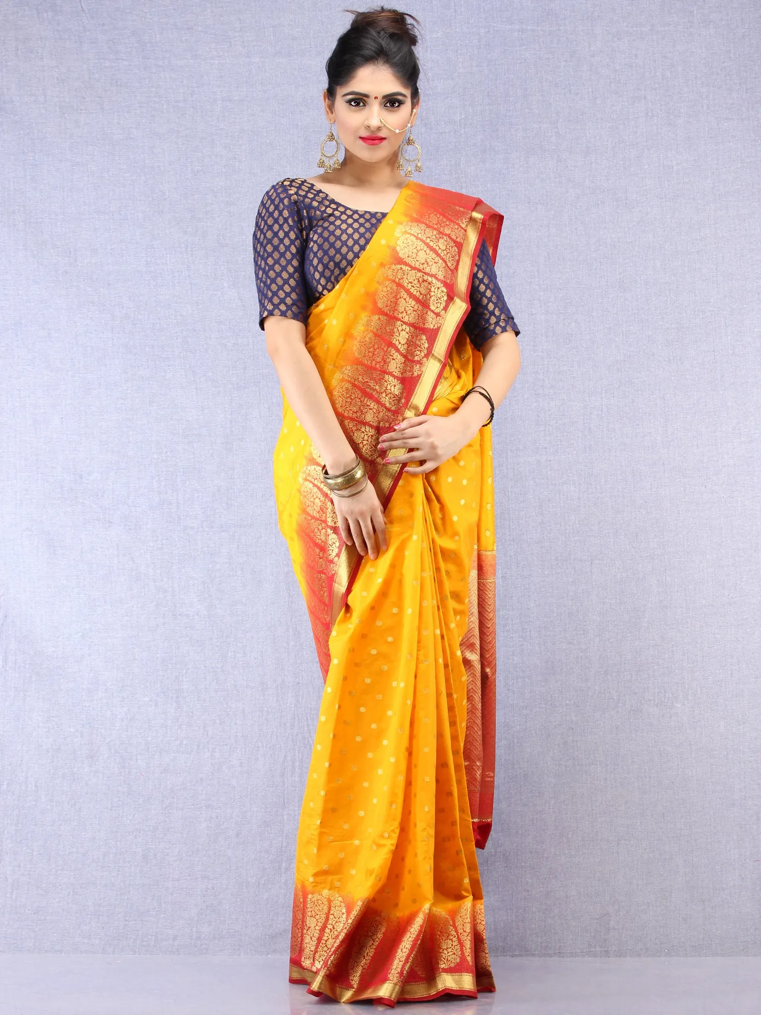 Banarasee Semi Silk Saree With Zari Work - Yellow Red Gold  - S031704387