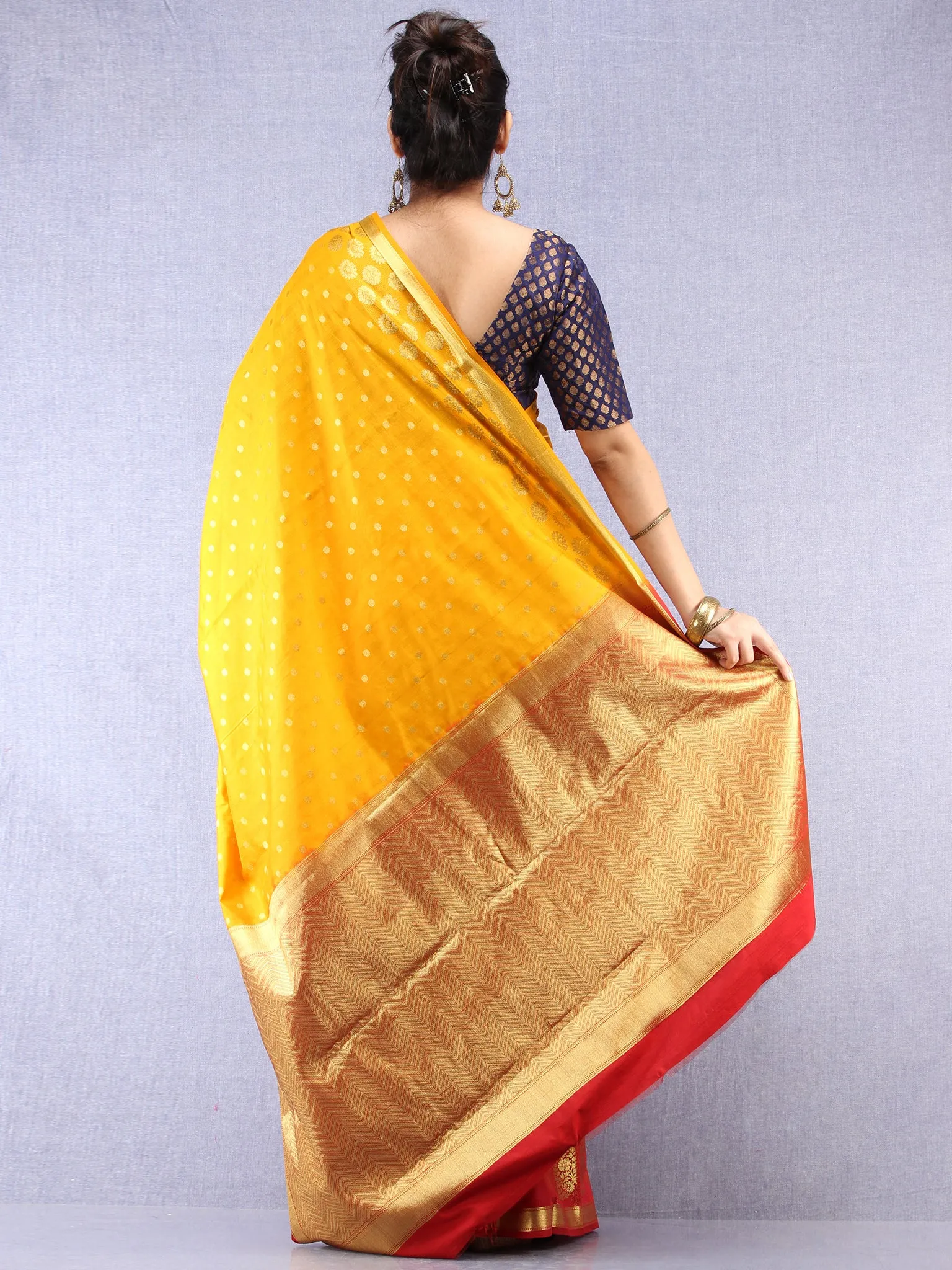 Banarasee Semi Silk Saree With Zari Work - Yellow Red Gold  - S031704387