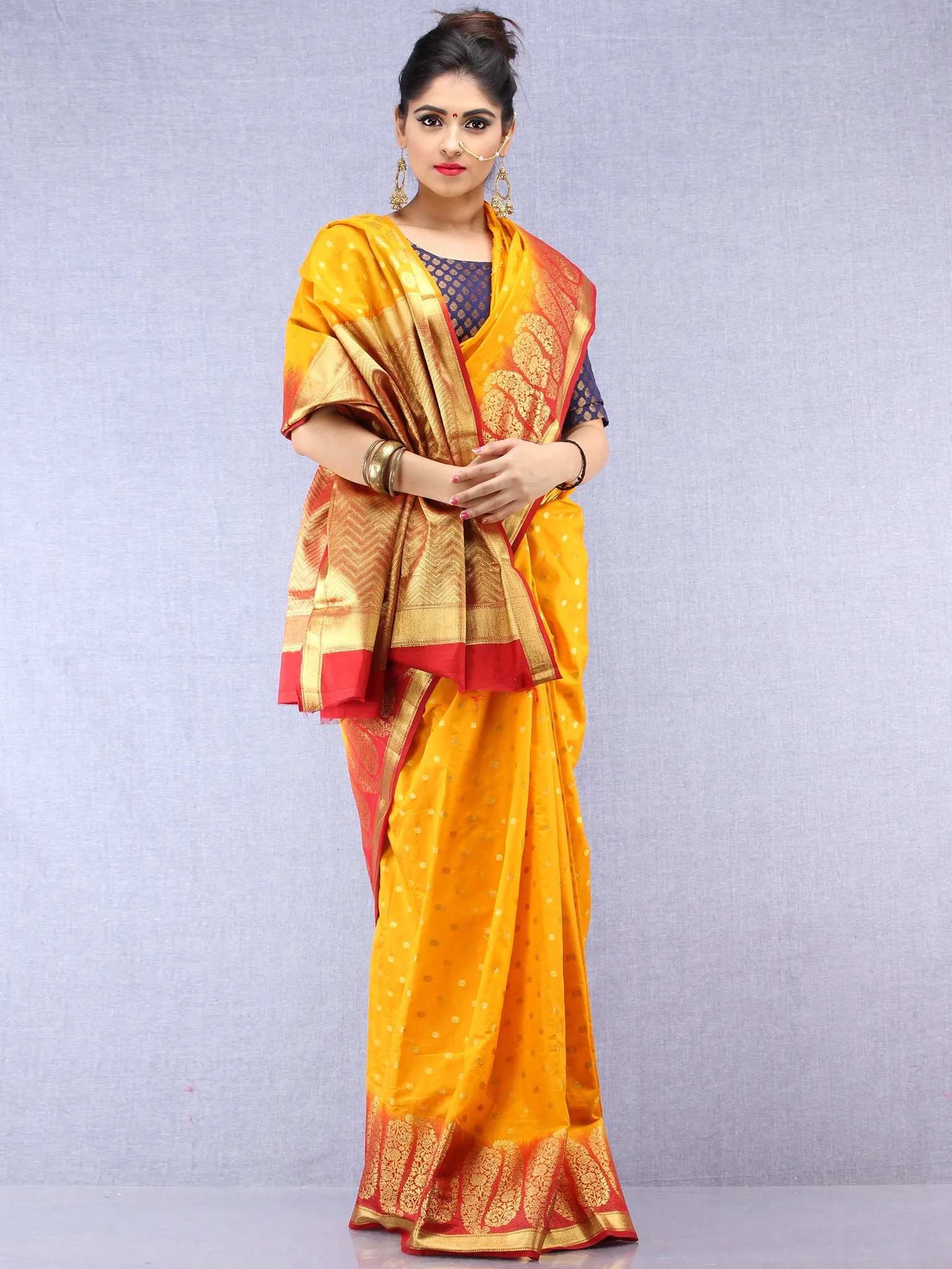 Banarasee Semi Silk Saree With Zari Work - Yellow Red Gold  - S031704387