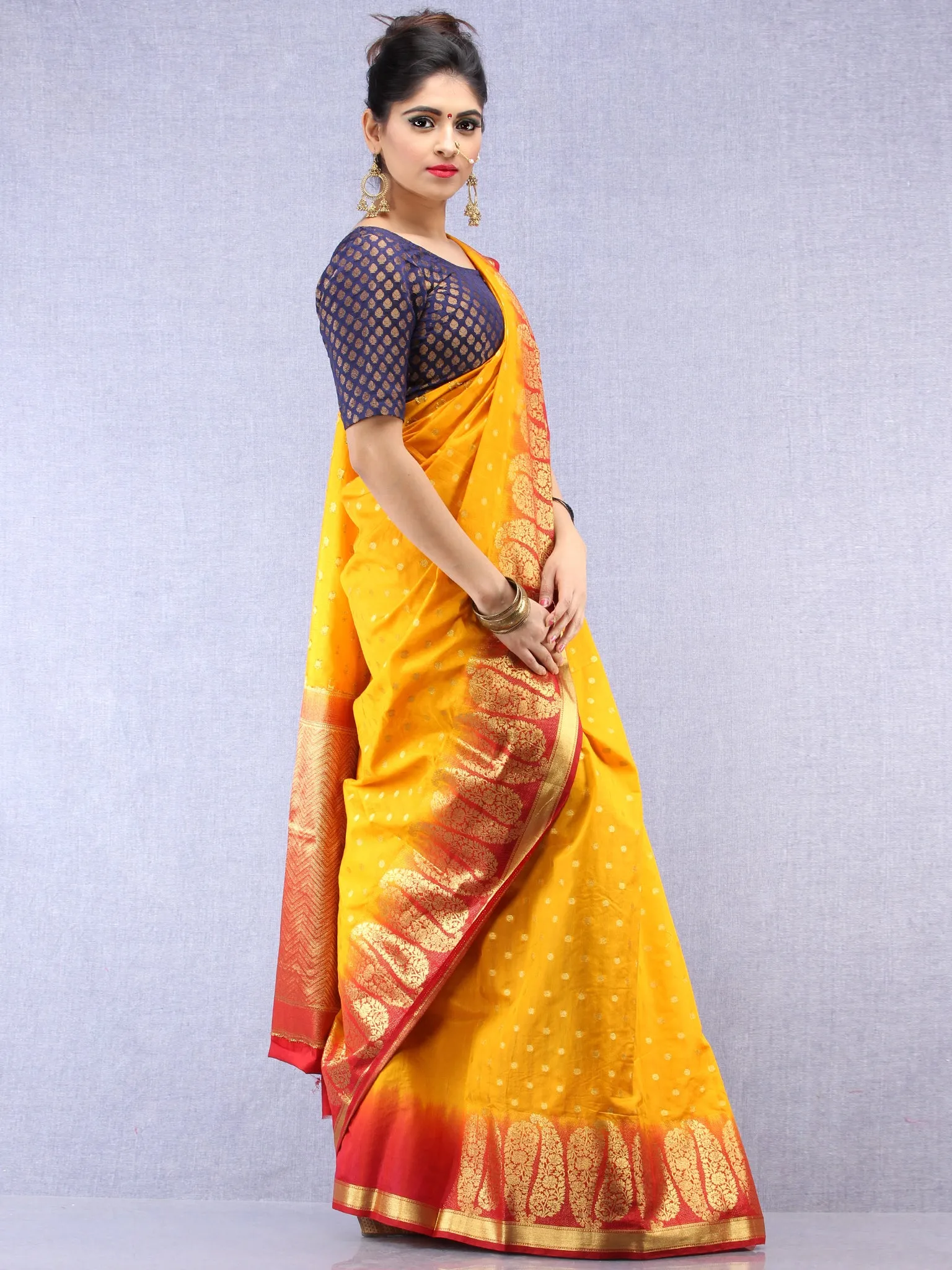 Banarasee Semi Silk Saree With Zari Work - Yellow Red Gold  - S031704387