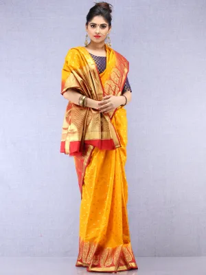 Banarasee Semi Silk Saree With Zari Work - Yellow Red Gold  - S031704387