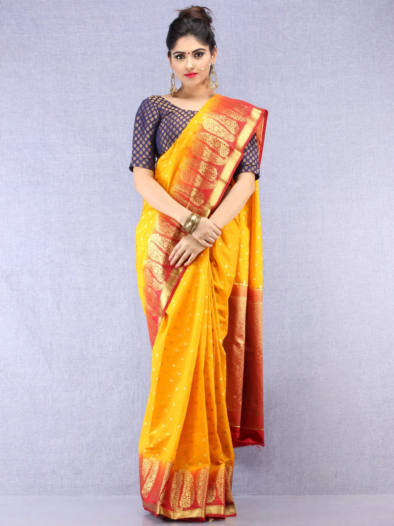 Banarasee Semi Silk Saree With Zari Work - Yellow Red Gold  - S031704387