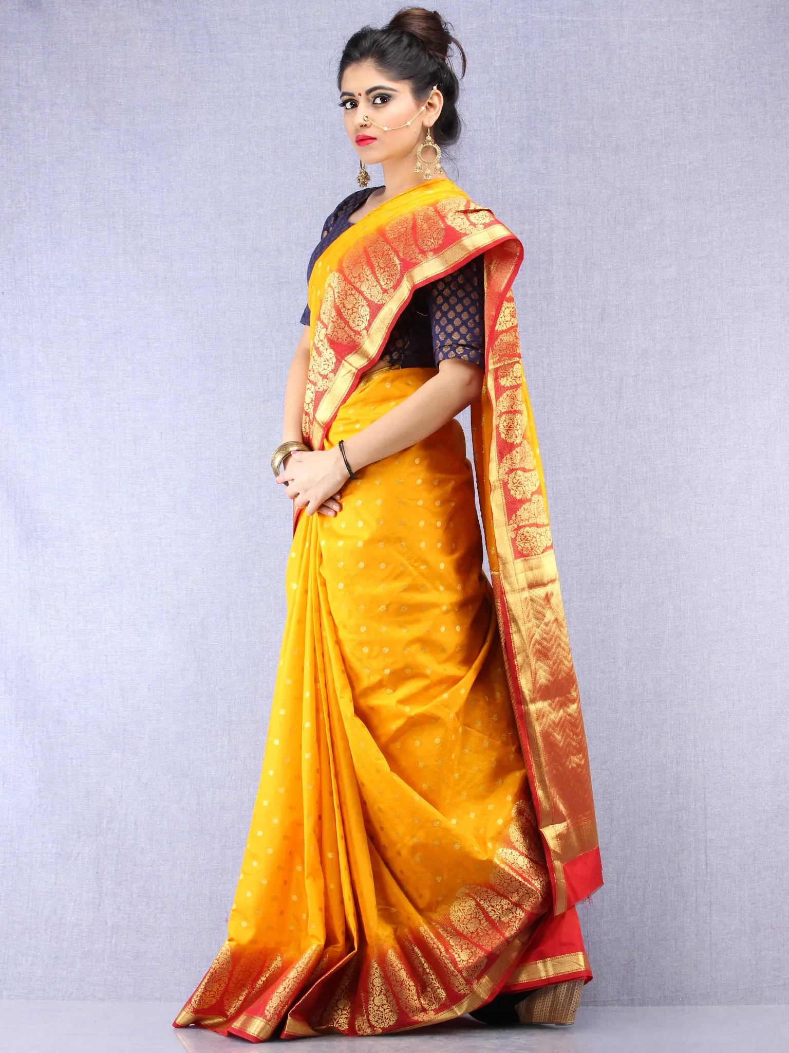 Banarasee Semi Silk Saree With Zari Work - Yellow Red Gold  - S031704387