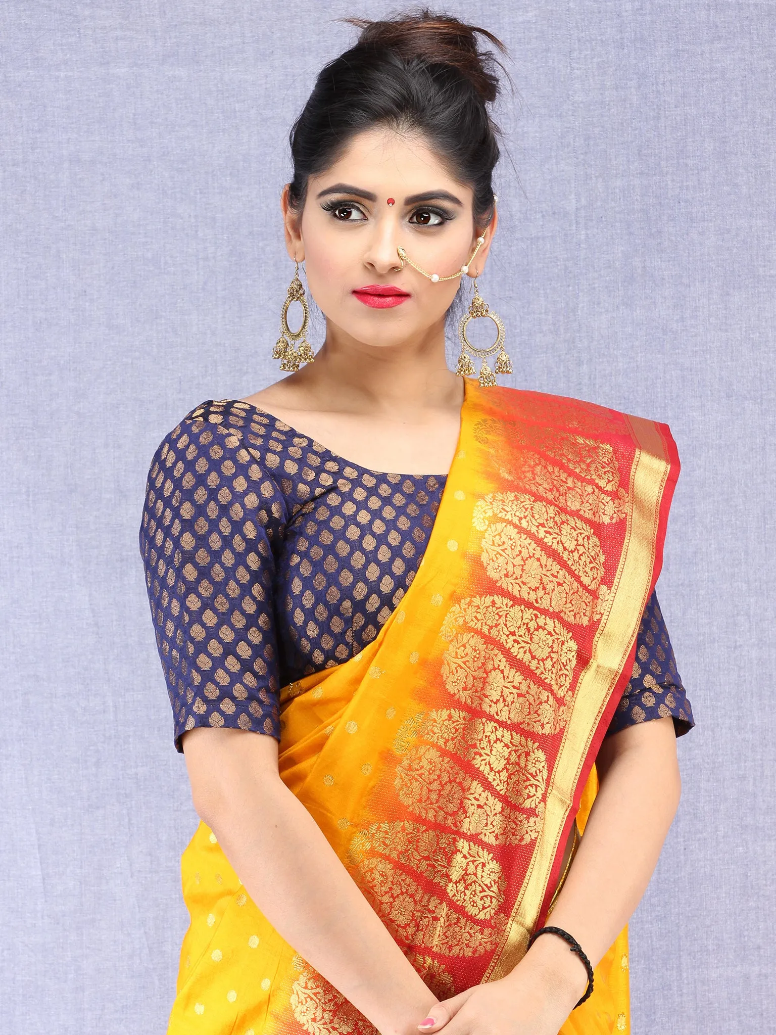 Banarasee Semi Silk Saree With Zari Work - Yellow Red Gold  - S031704387