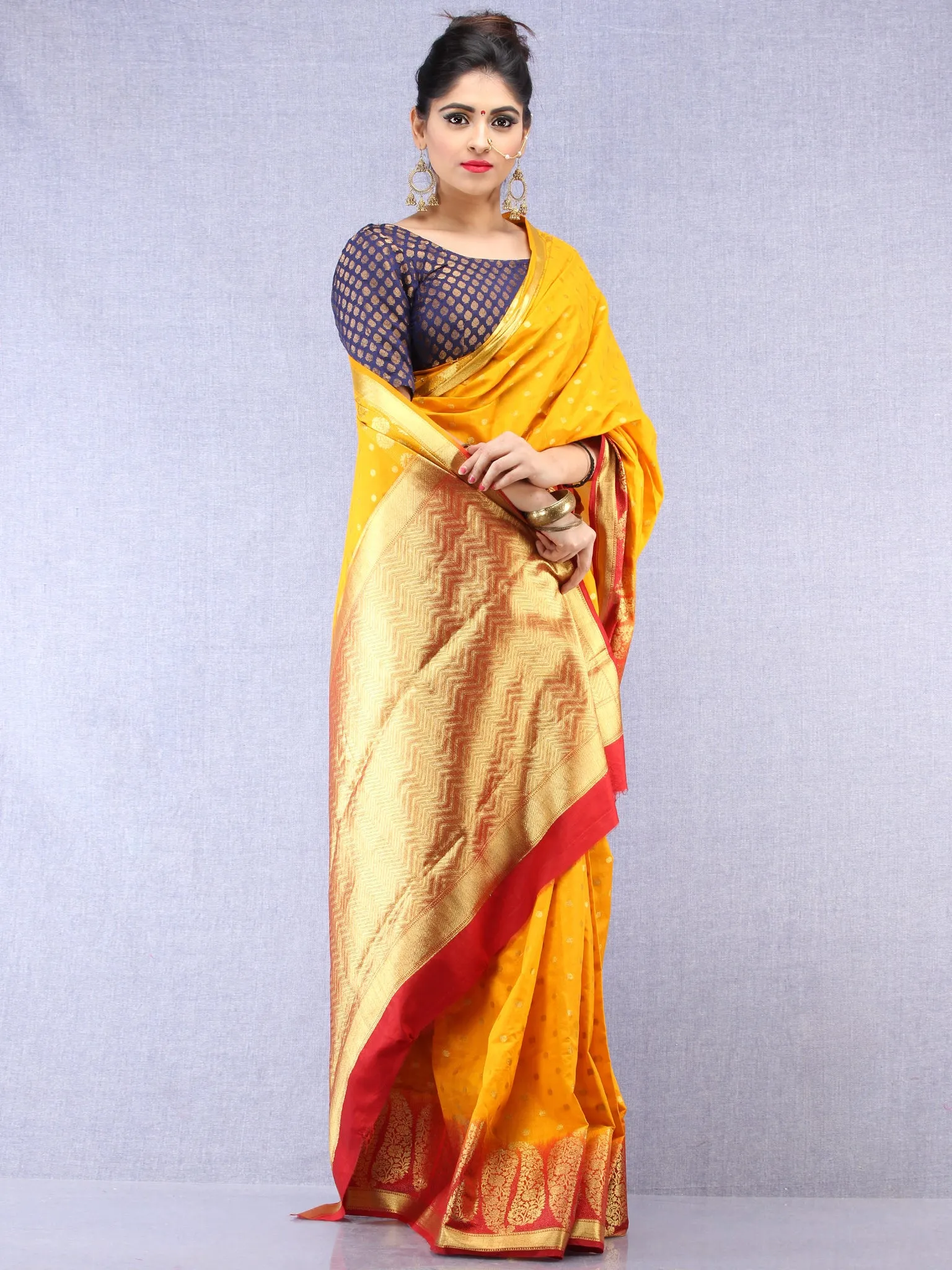 Banarasee Semi Silk Saree With Zari Work - Yellow Red Gold  - S031704387