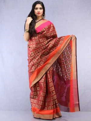 Banarasee Super Net Saree With Zari Border - Rust Copper  & Pink - S031704433