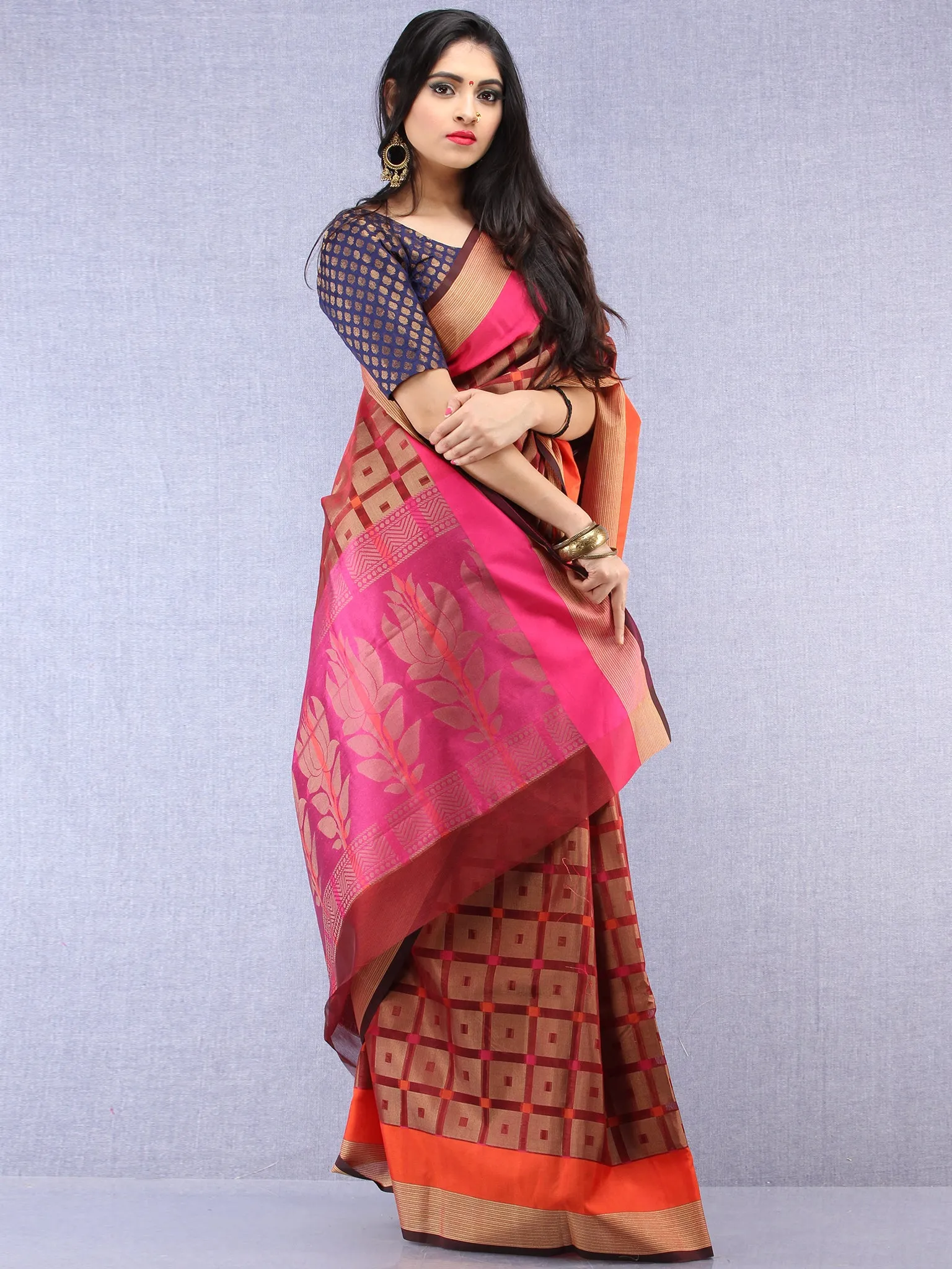 Banarasee Super Net Saree With Zari Border - Rust Copper  & Pink - S031704433