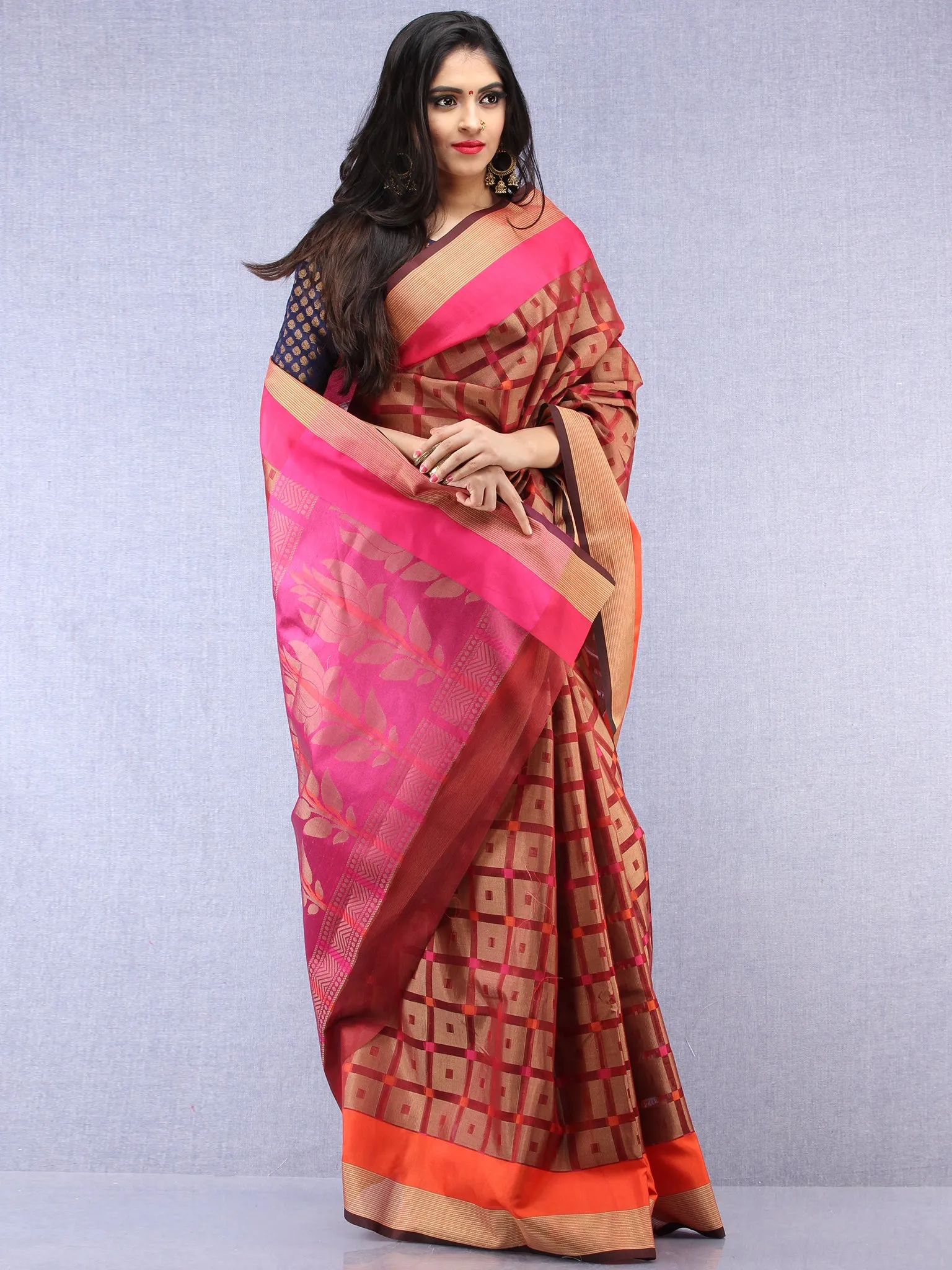 Banarasee Super Net Saree With Zari Border - Rust Copper  & Pink - S031704433