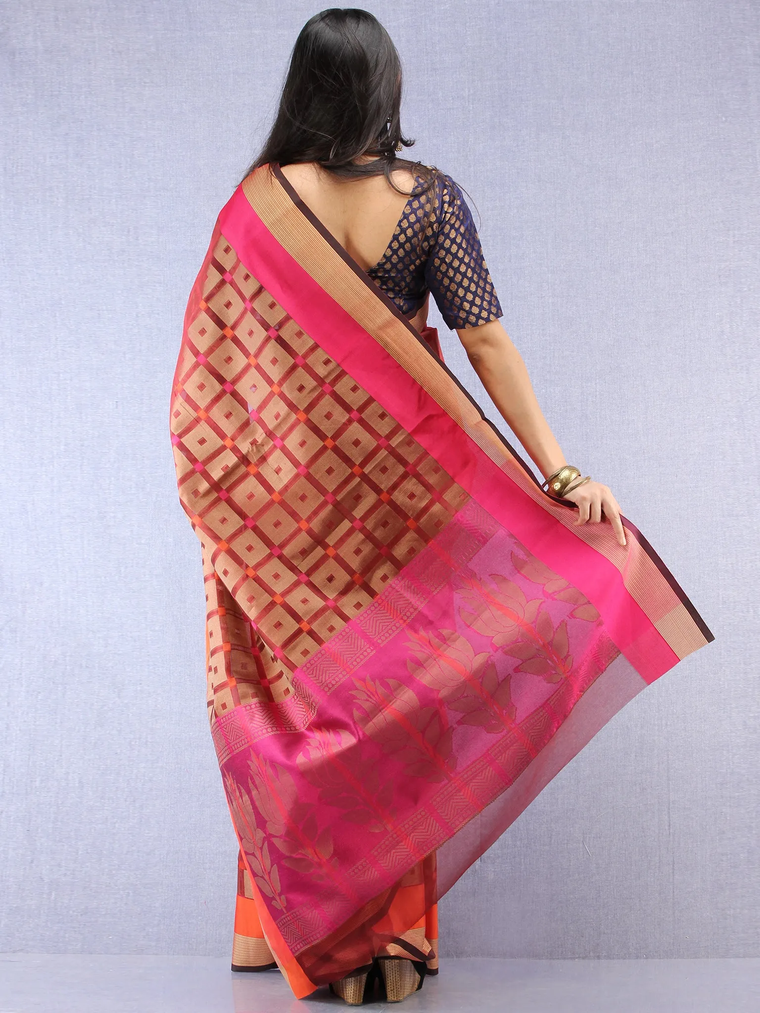 Banarasee Super Net Saree With Zari Border - Rust Copper  & Pink - S031704433