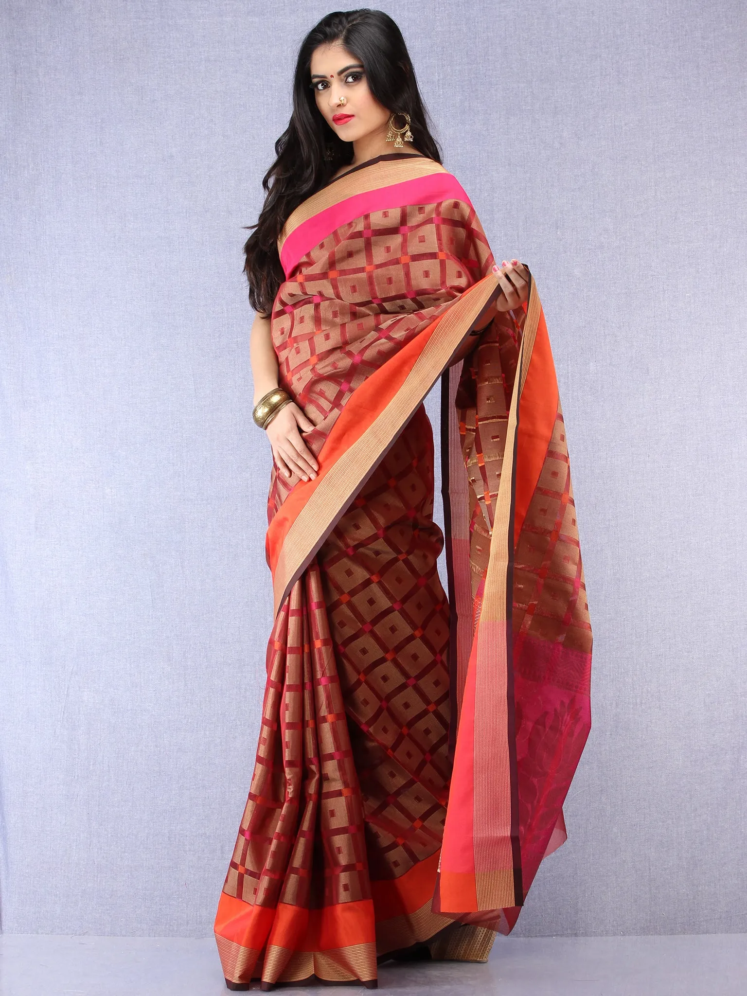 Banarasee Super Net Saree With Zari Border - Rust Copper  & Pink - S031704433