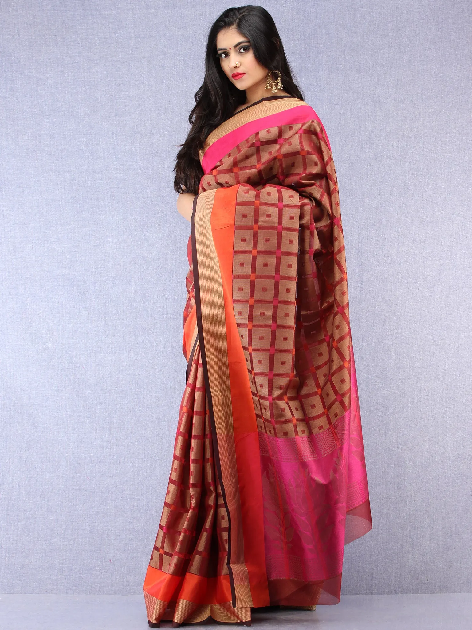 Banarasee Super Net Saree With Zari Border - Rust Copper  & Pink - S031704433