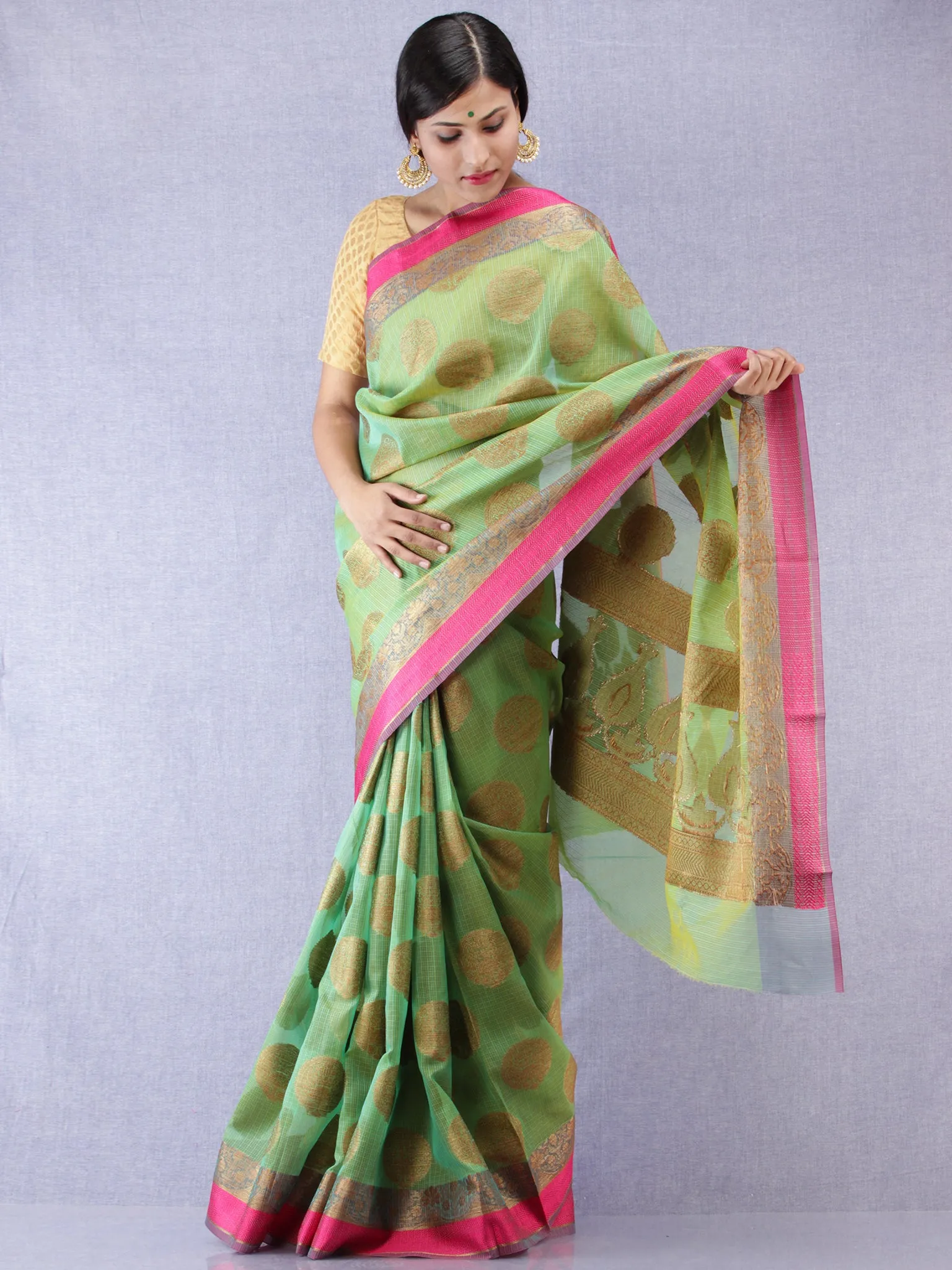 Banarasee Super Net Saree With Zari Work - Green Copper Pink - S031704314