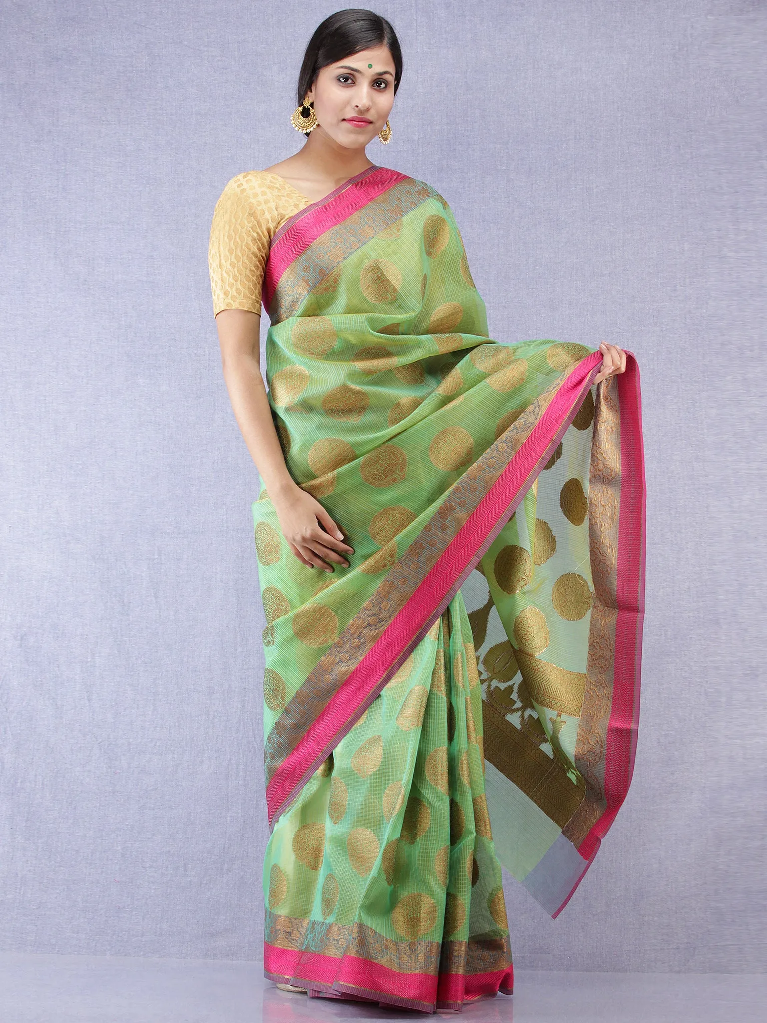 Banarasee Super Net Saree With Zari Work - Green Copper Pink - S031704314