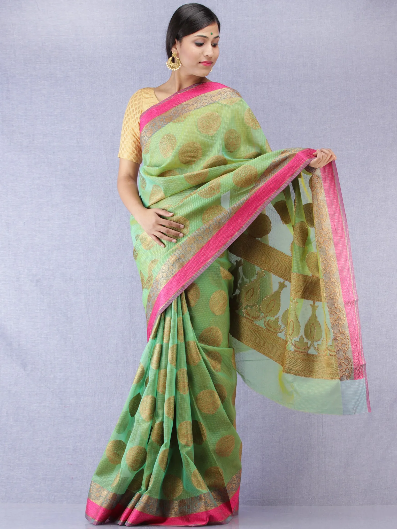 Banarasee Super Net Saree With Zari Work - Green Copper Pink - S031704314