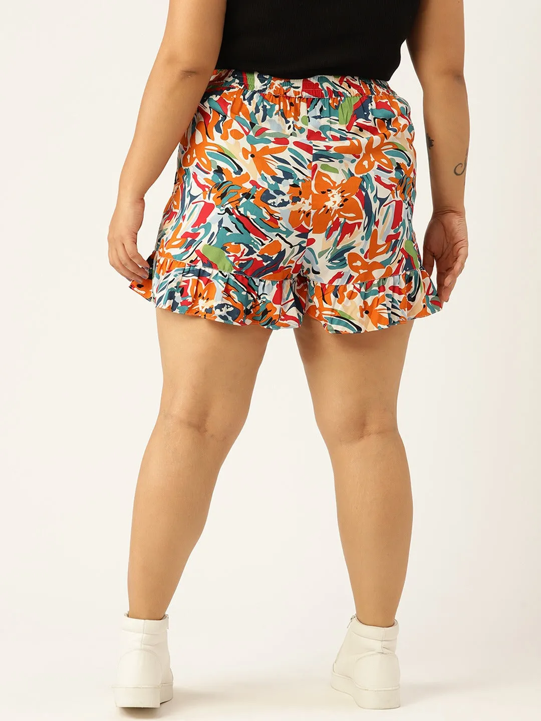 Berrylush Women Plus Size White & Orange Abstract Printed Tie-Up Elastic Waist Ruffled Wrap Mini Skorts