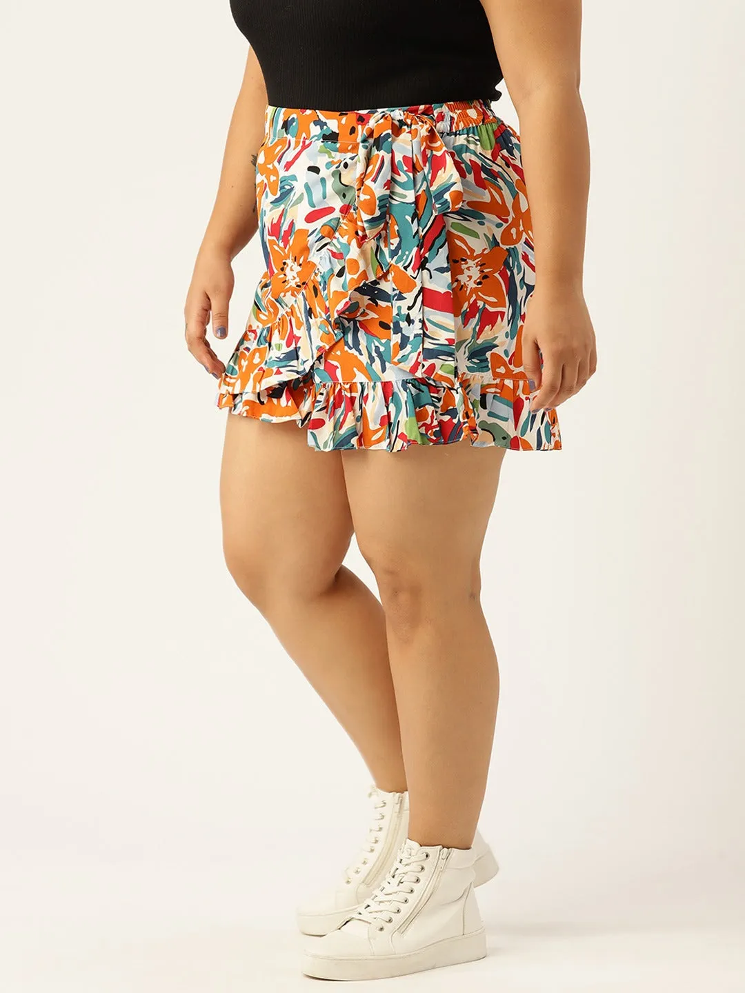 Berrylush Women Plus Size White & Orange Abstract Printed Tie-Up Elastic Waist Ruffled Wrap Mini Skorts