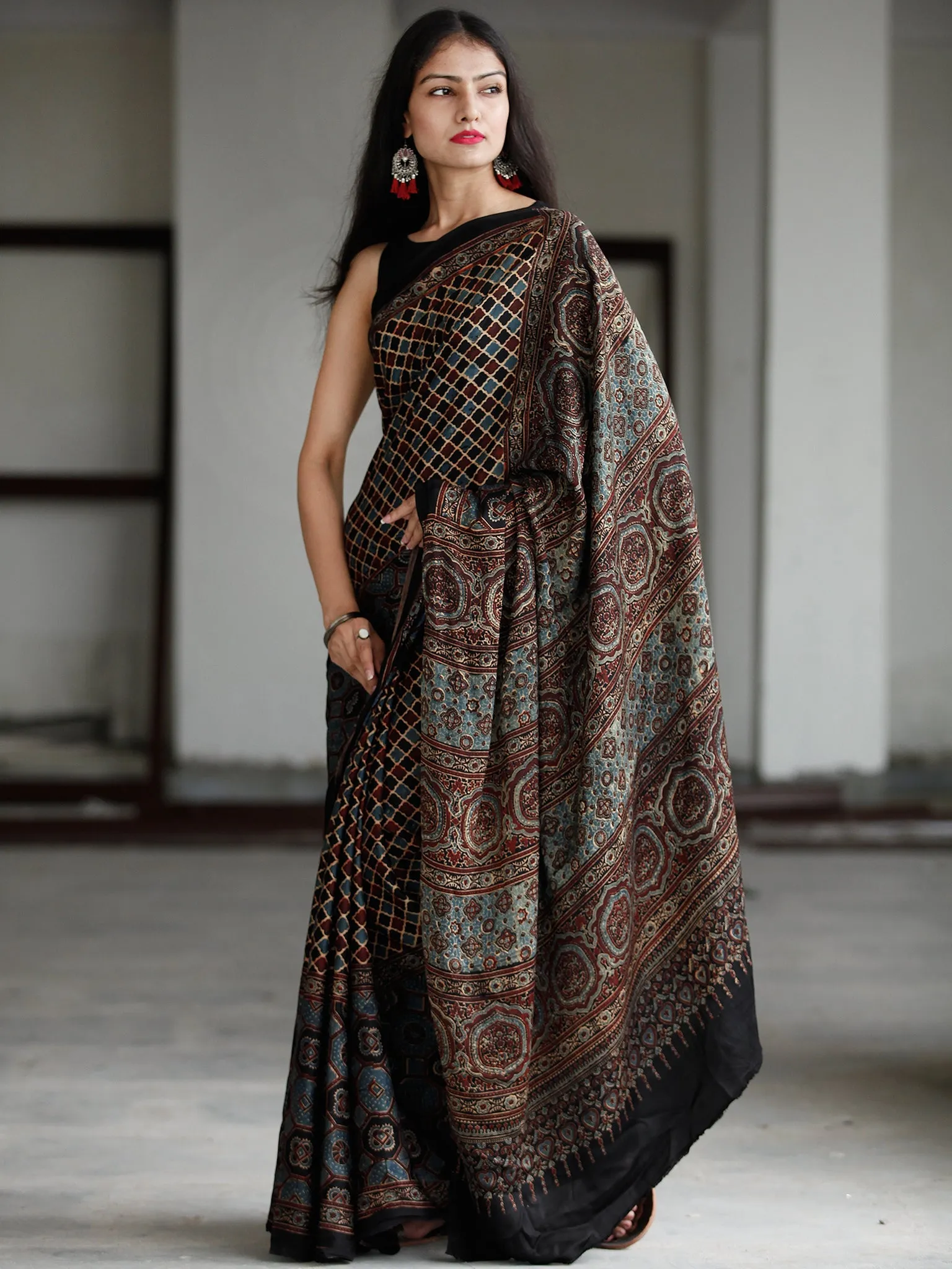 Black Blue Beige Maroon Ajrakh Hand Block Printed Modal Silk Saree in Natural Colors - S031703729