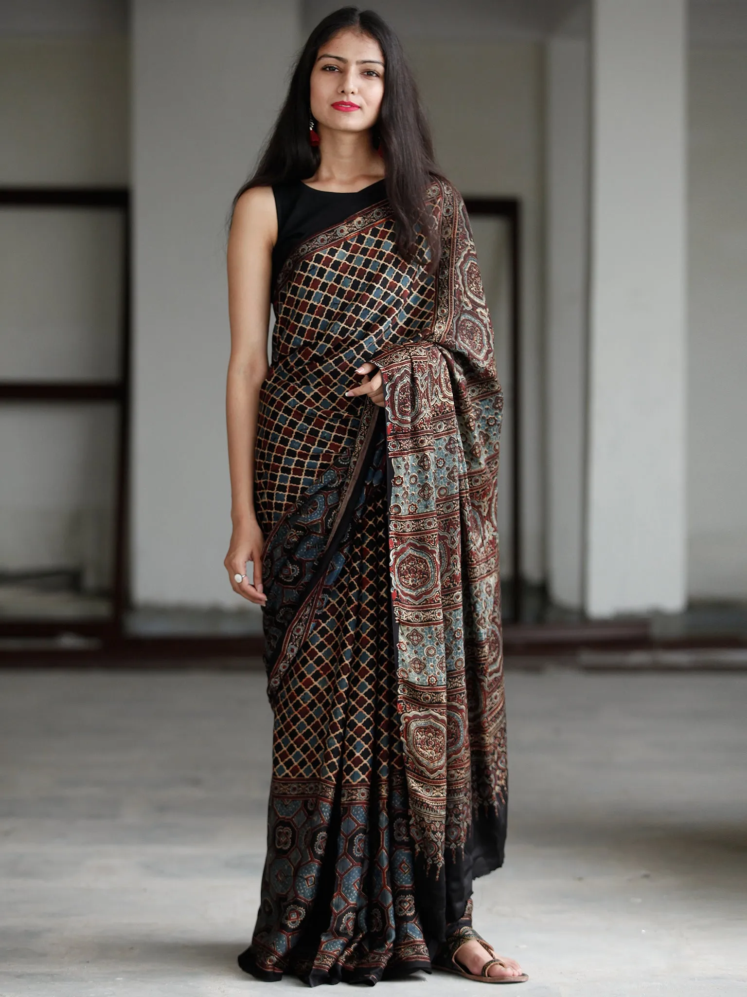 Black Blue Beige Maroon Ajrakh Hand Block Printed Modal Silk Saree in Natural Colors - S031703729