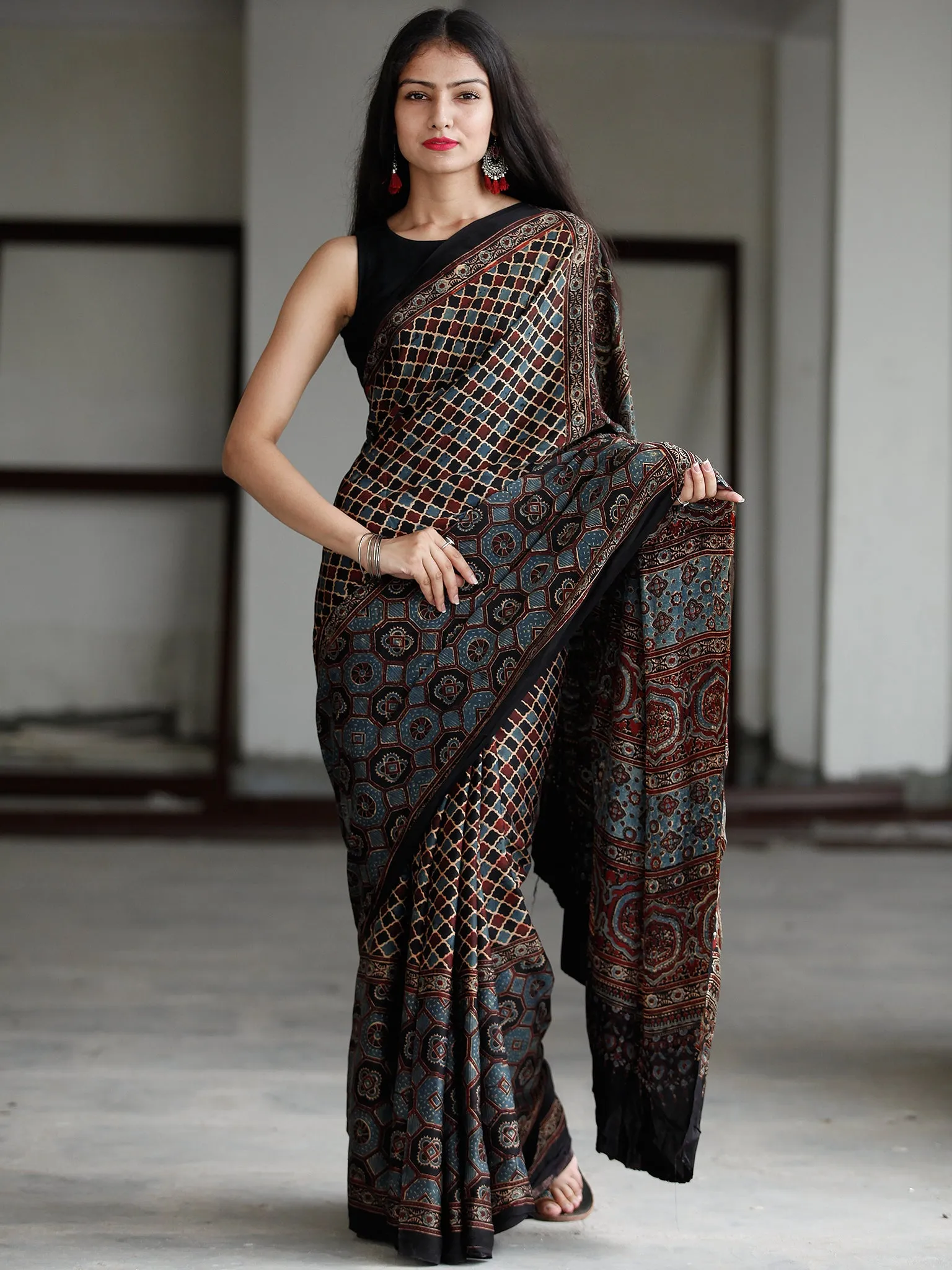 Black Blue Beige Maroon Ajrakh Hand Block Printed Modal Silk Saree in Natural Colors - S031703729