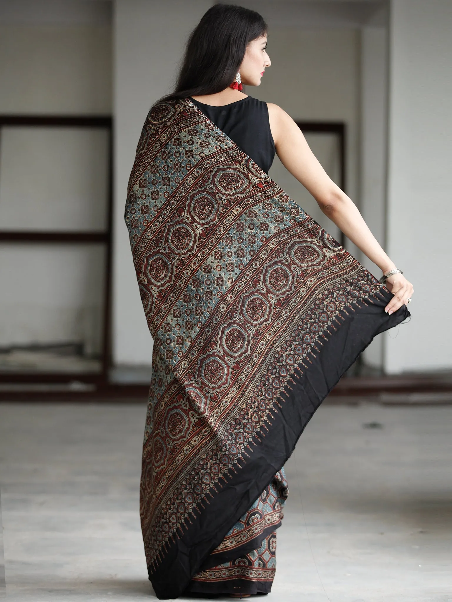 Black Blue Beige Maroon Ajrakh Hand Block Printed Modal Silk Saree in Natural Colors - S031703729