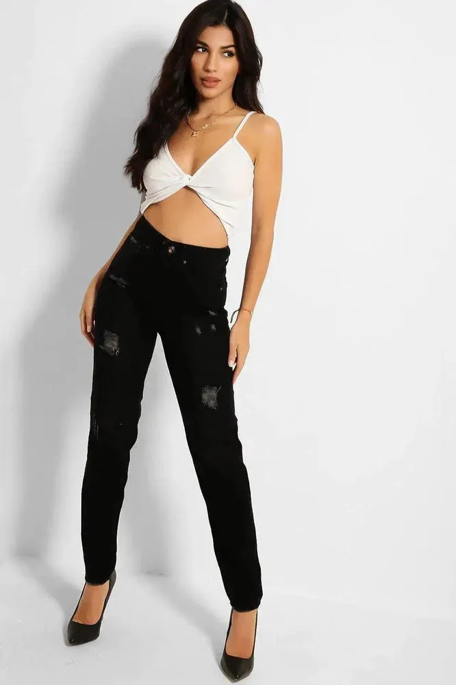 Black Distressed Denim High Waist Tapered Jeans