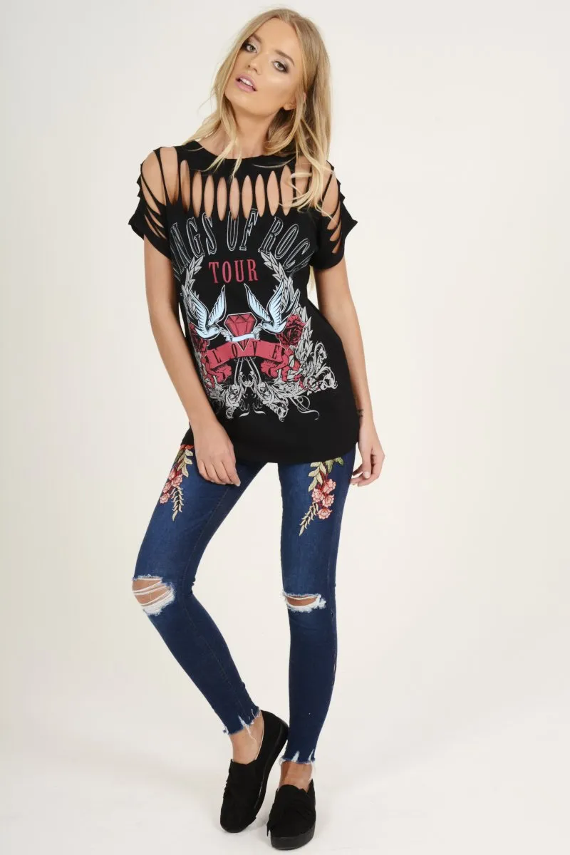 Black Distressed 'Wings Of Rock Tour' Print T-Shirt - Mischa