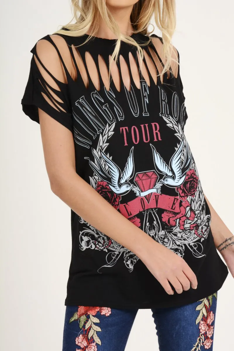 Black Distressed 'Wings Of Rock Tour' Print T-Shirt - Mischa