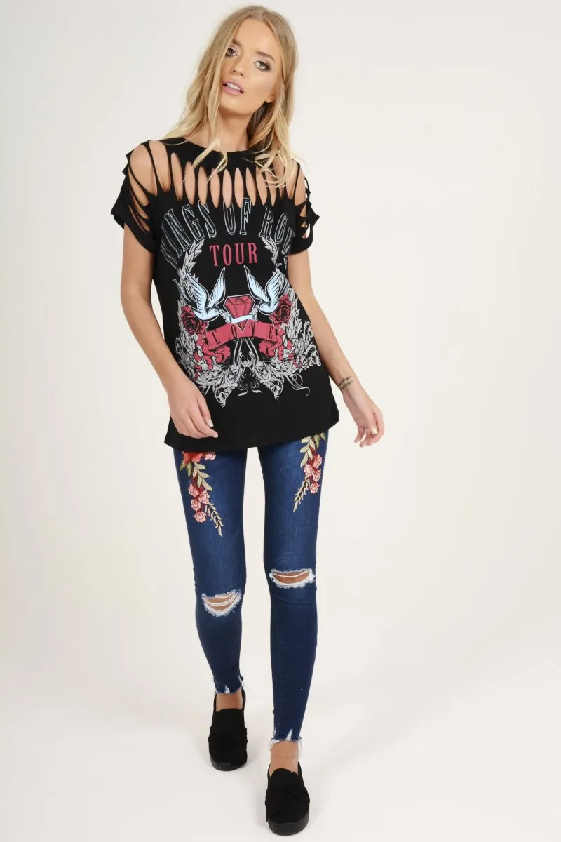 Black Distressed 'Wings Of Rock Tour' Print T-Shirt - Mischa