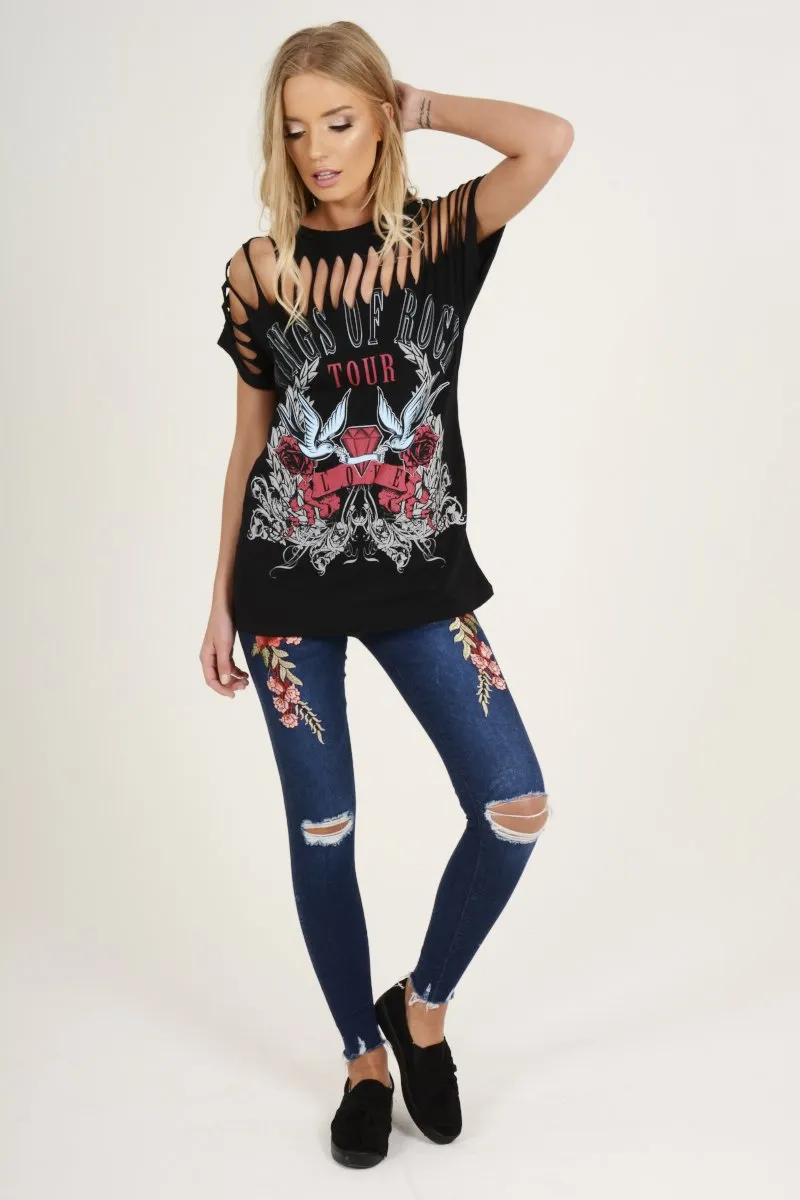 Black Distressed 'Wings Of Rock Tour' Print T-Shirt - Mischa