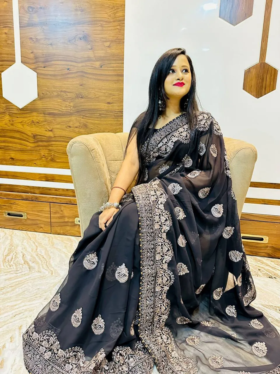 Black Georgette Embroidery Saree