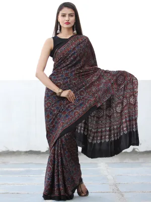 Black Maroon Blue Grey Ajrakh Hand Block Printed Modal Silk Saree  - S031703907