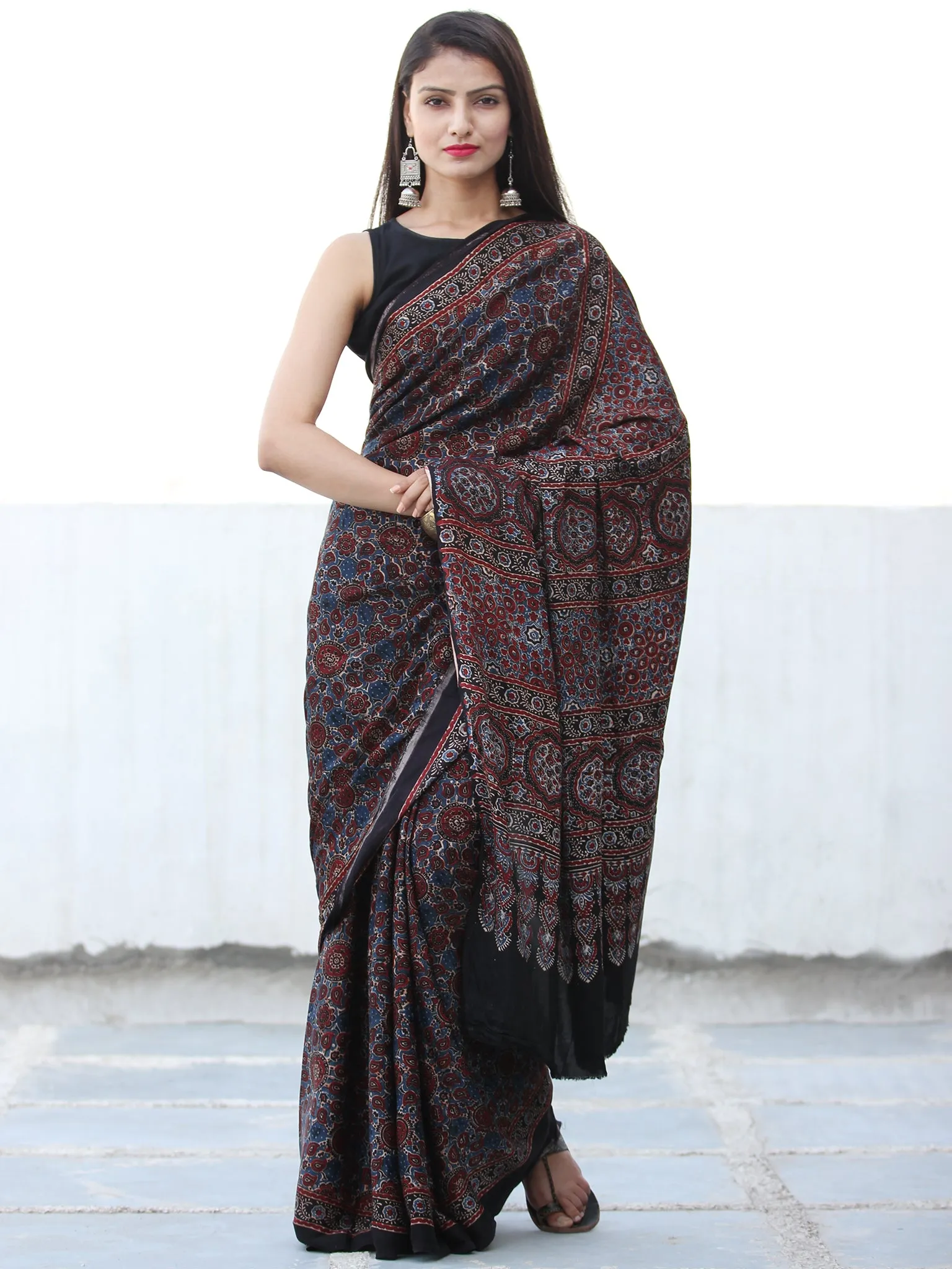 Black Maroon Blue Grey Ajrakh Hand Block Printed Modal Silk Saree  - S031703907