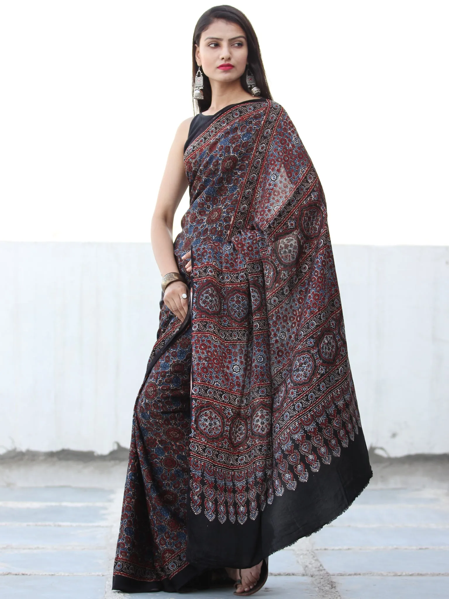 Black Maroon Blue Grey Ajrakh Hand Block Printed Modal Silk Saree  - S031703907