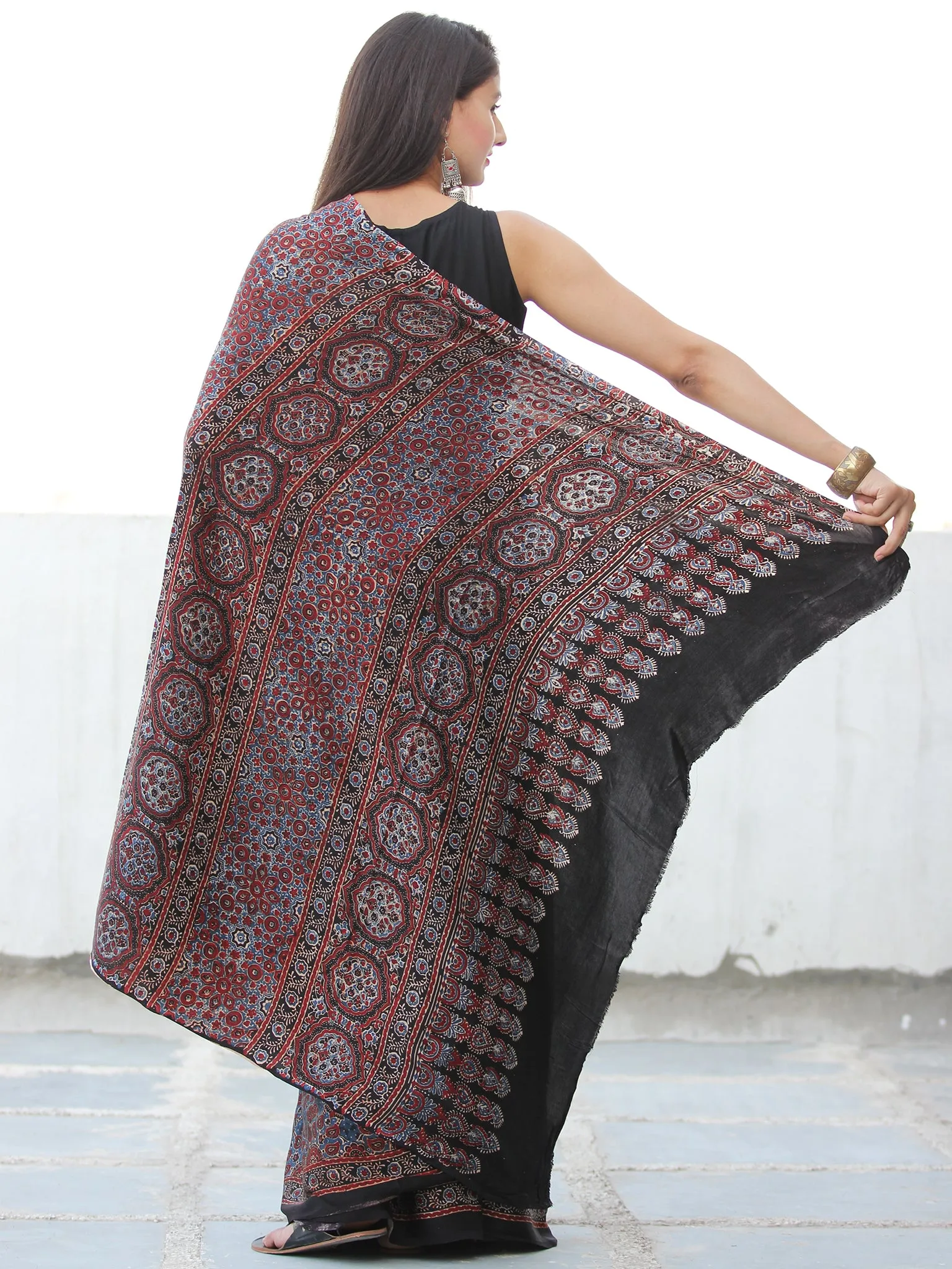 Black Maroon Blue Grey Ajrakh Hand Block Printed Modal Silk Saree  - S031703907