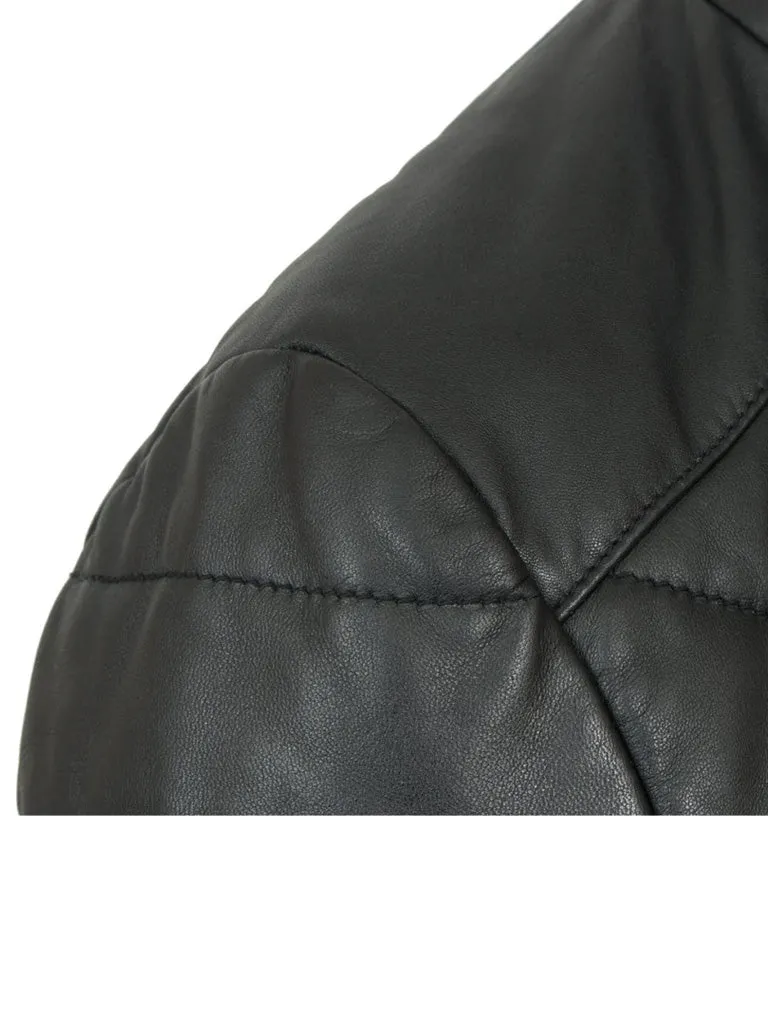 Black Padded Style Real Leather Long Coat