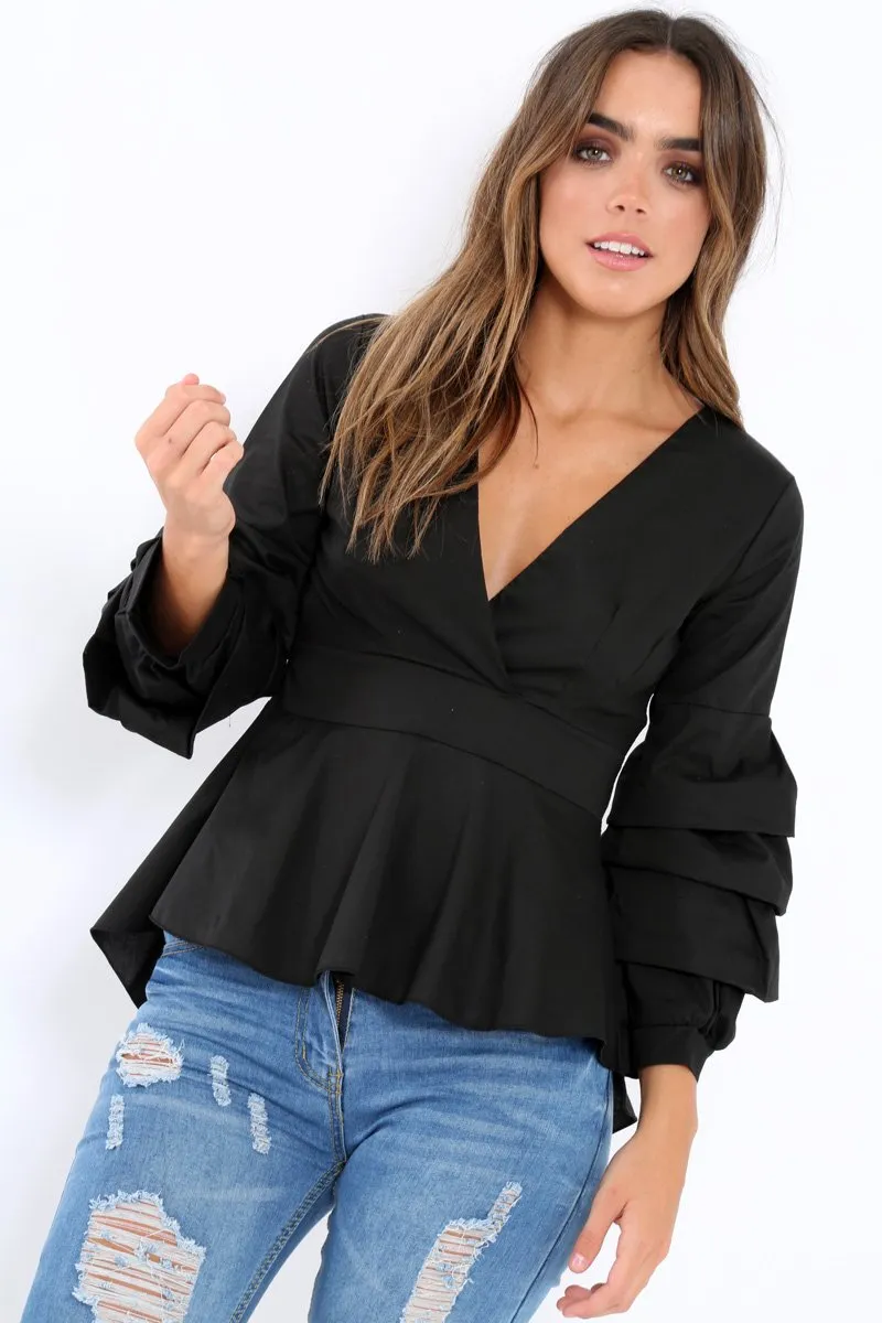 Black Pleated Dip Hem Top - Avah