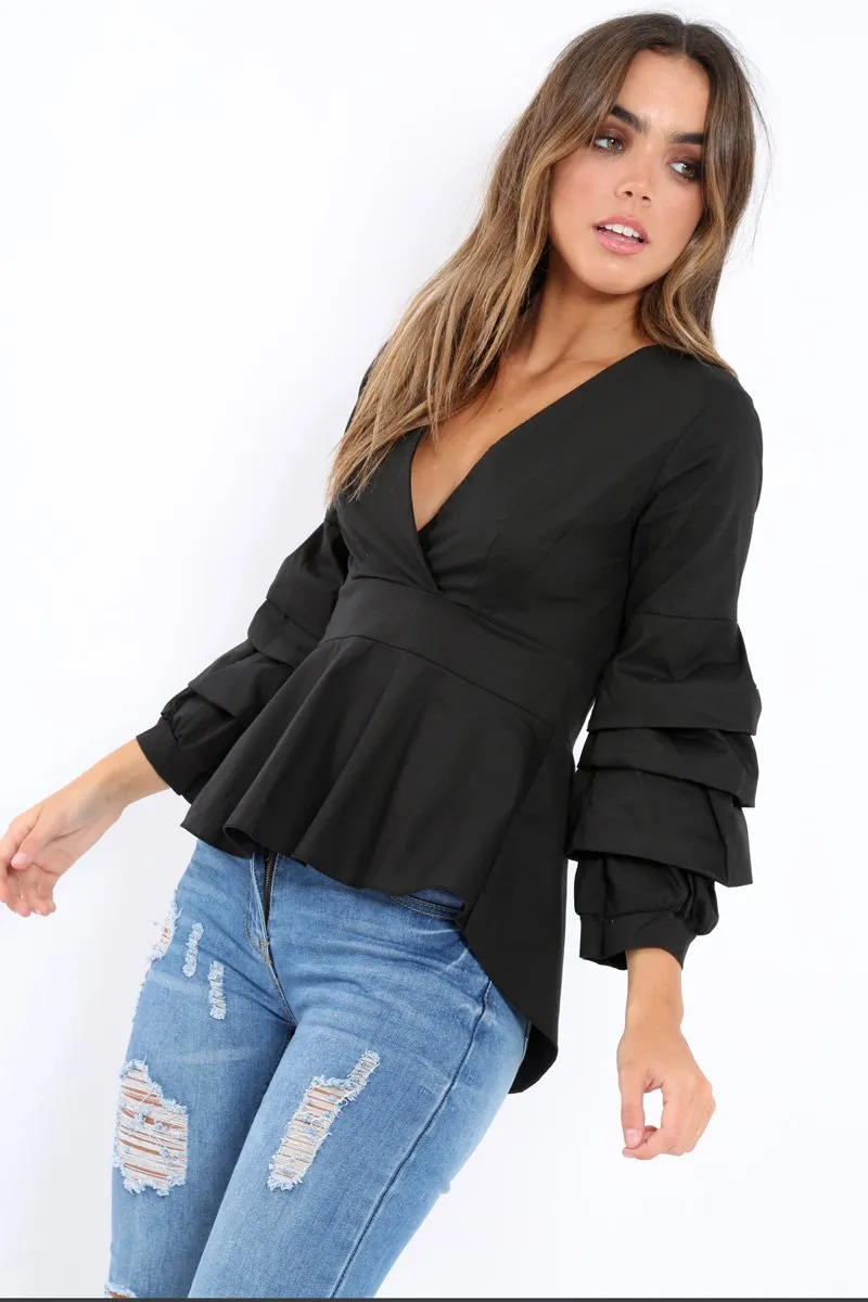 Black Pleated Dip Hem Top - Avah