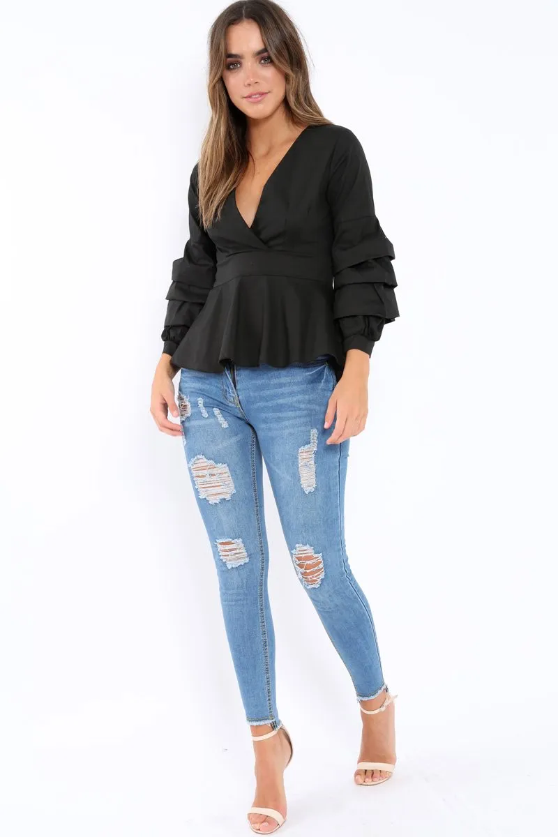 Black Pleated Dip Hem Top - Avah