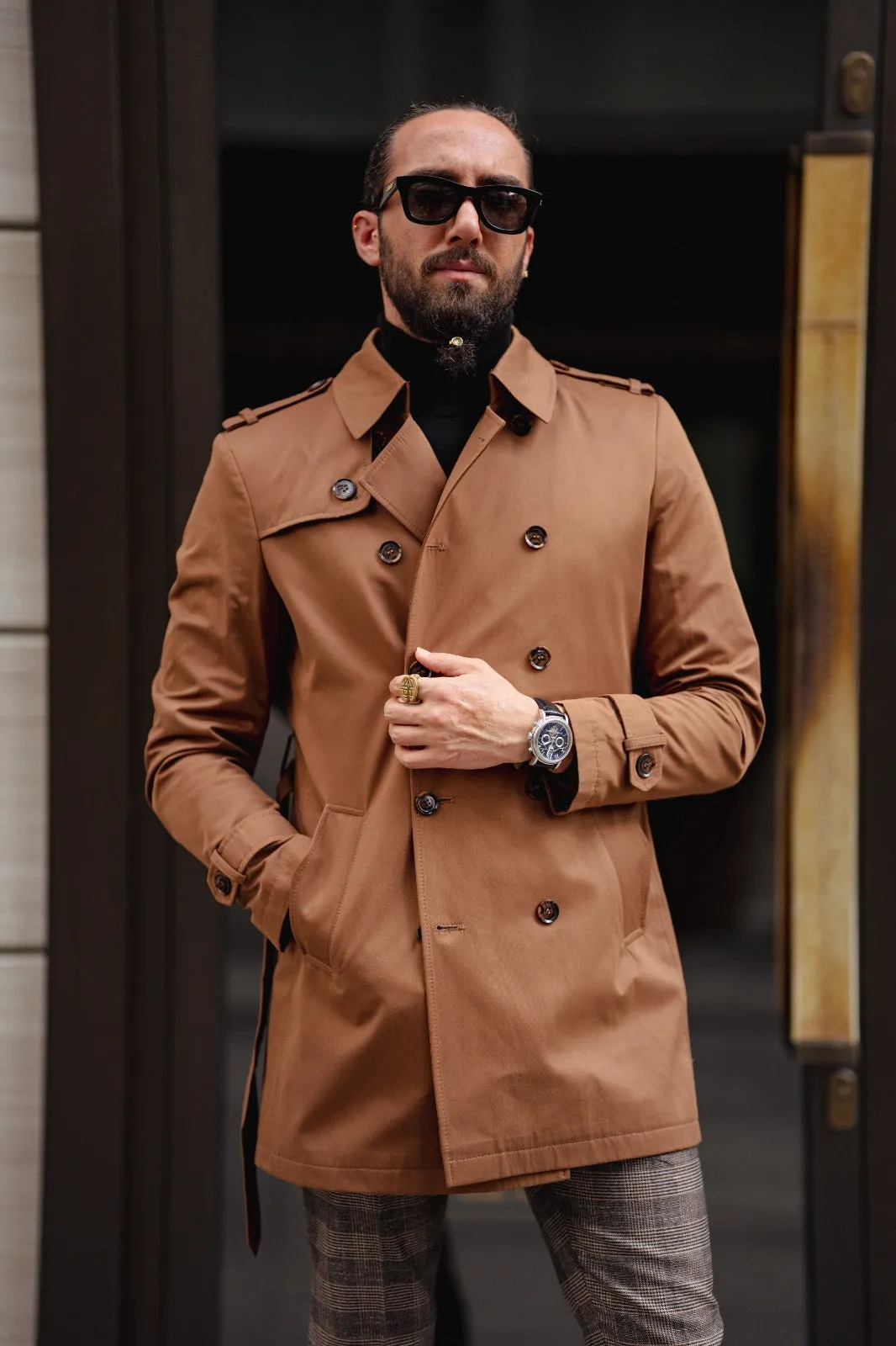 Bojoni Milford Camel Slim Fit Double Breasted Long Coat