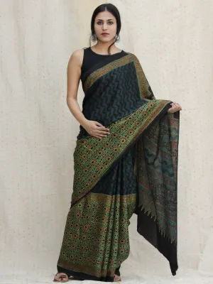 Bottle & Lime Green Black  Ajrakh Hand Block Printed Modal Silk Saree - S031704126