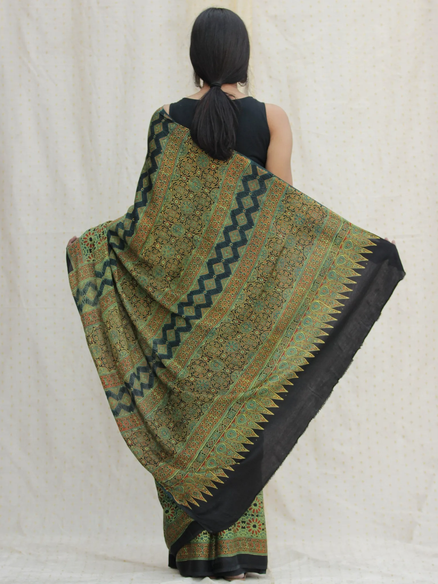 Bottle & Lime Green Black  Ajrakh Hand Block Printed Modal Silk Saree - S031704126