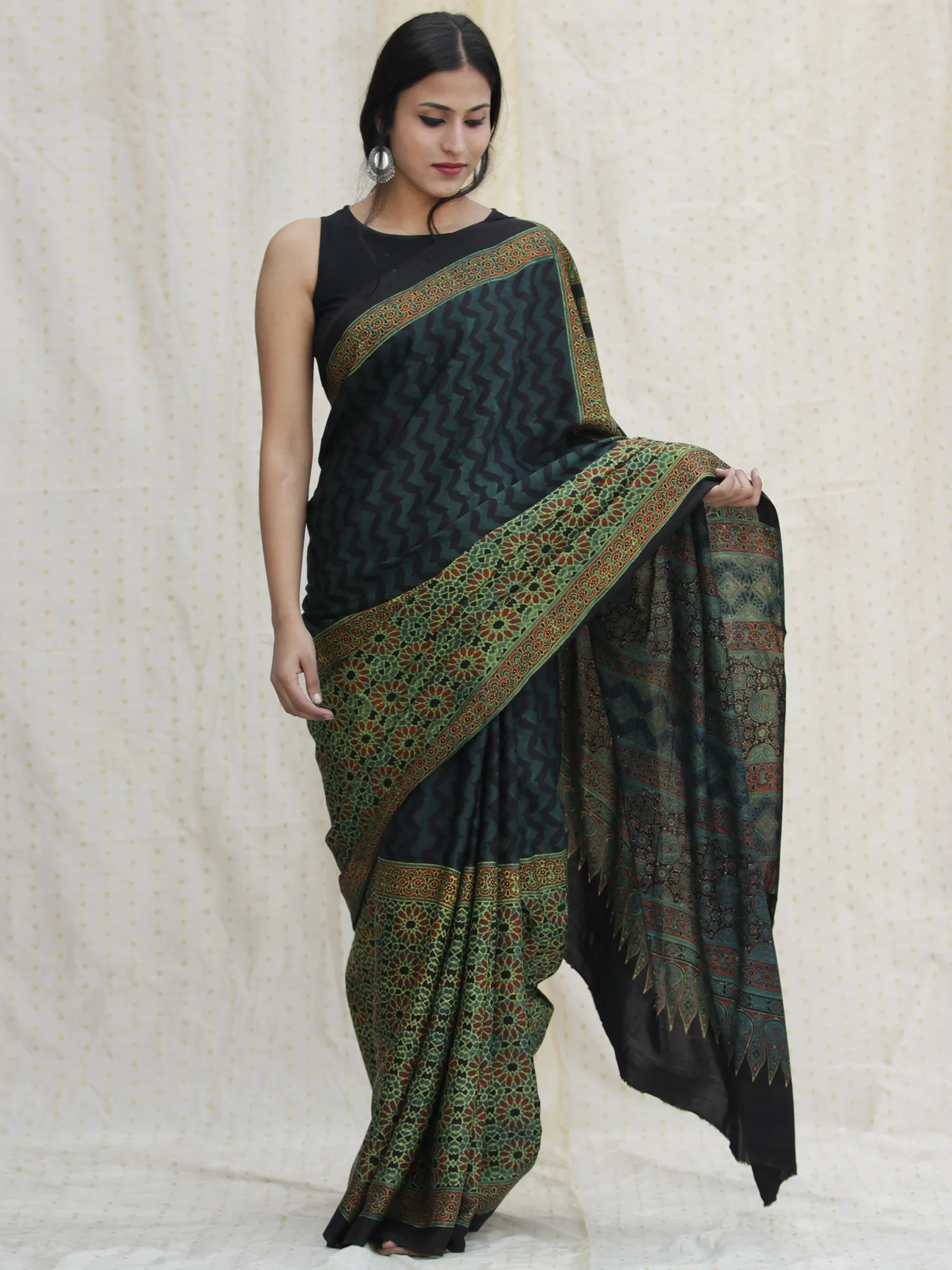 Bottle & Lime Green Black  Ajrakh Hand Block Printed Modal Silk Saree - S031704126