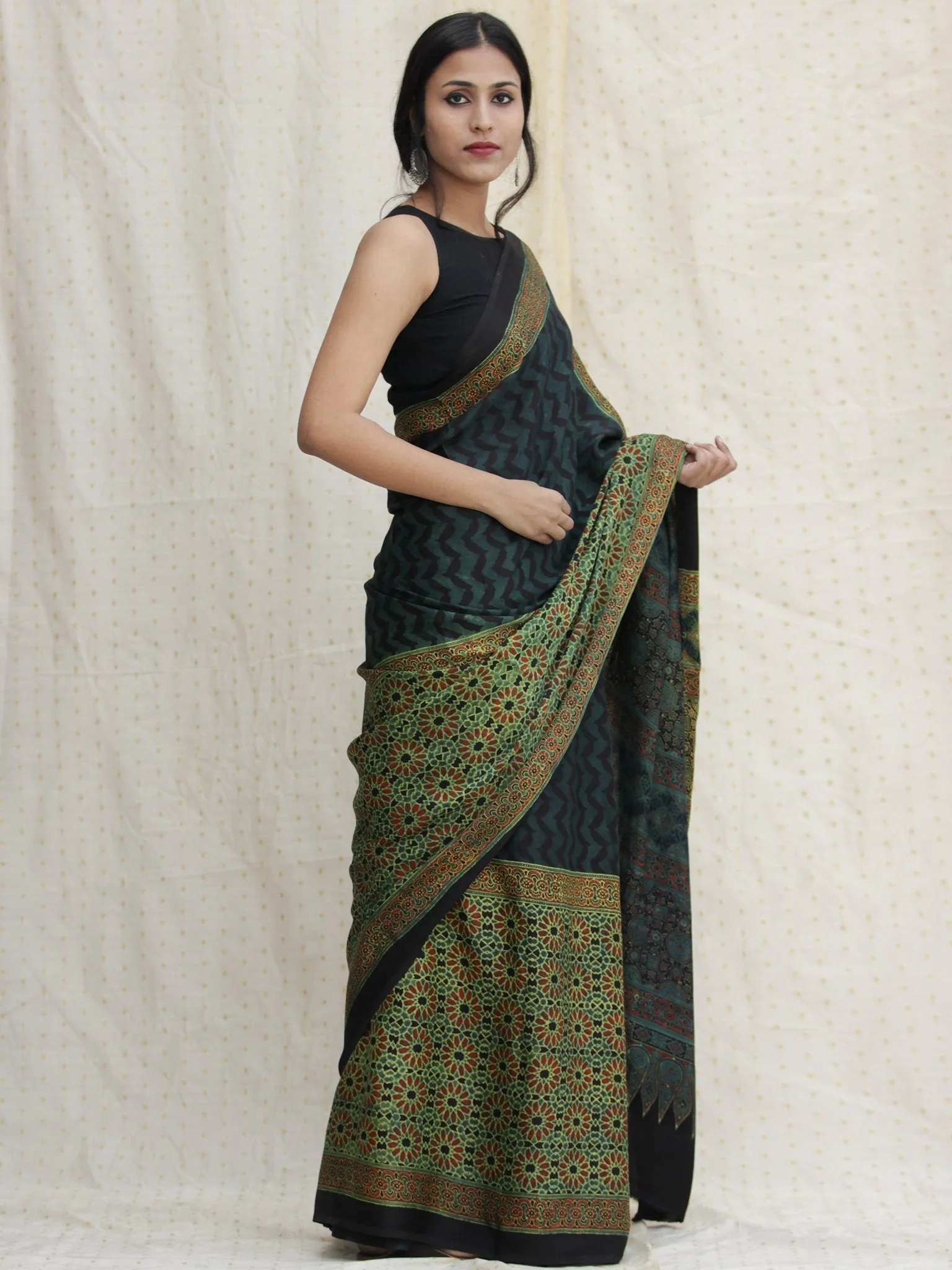 Bottle & Lime Green Black  Ajrakh Hand Block Printed Modal Silk Saree - S031704126