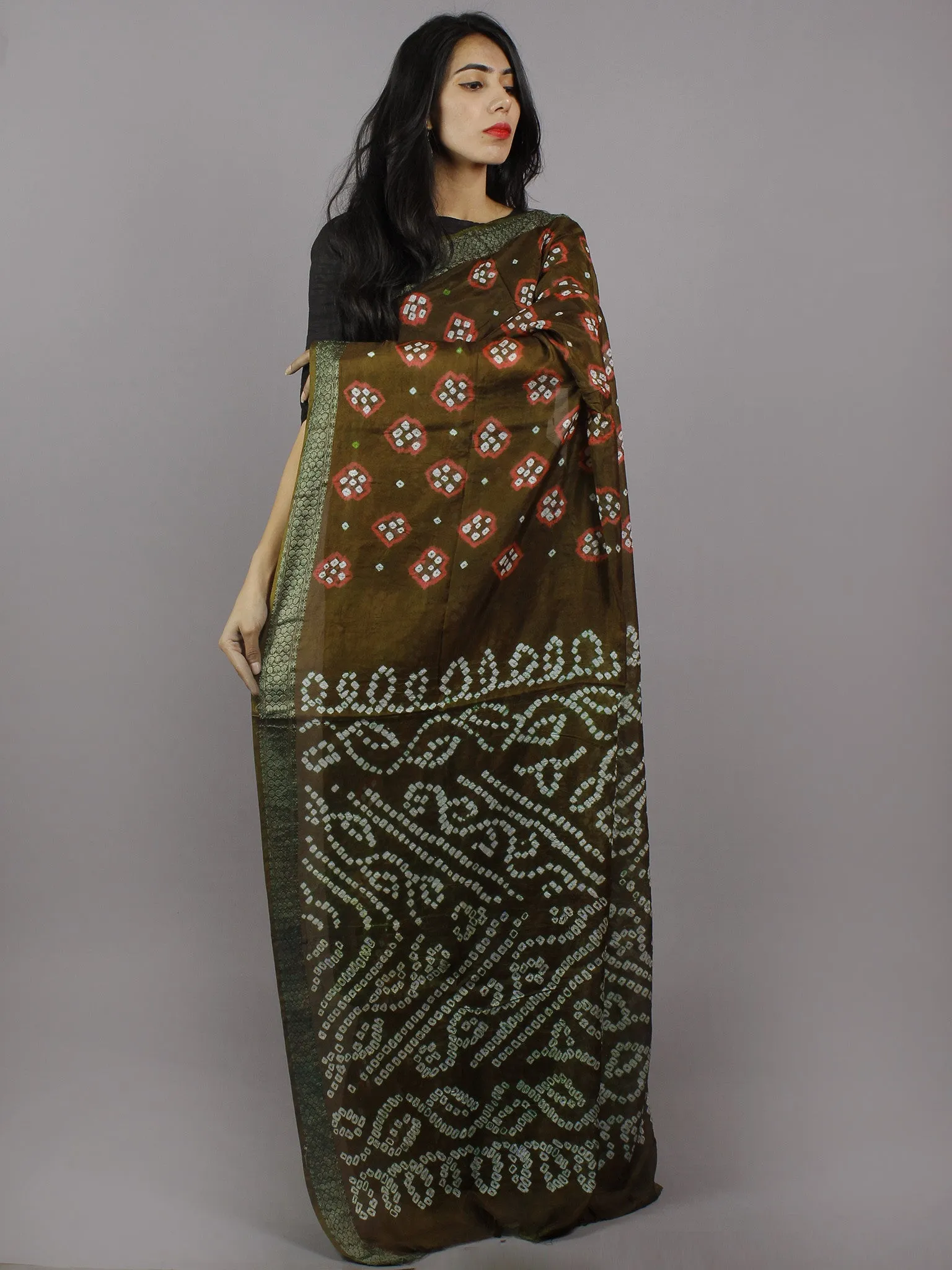 Brown Pink Ivory Hand Tie & Dye Bandhej Art Silk Saree - S031701298