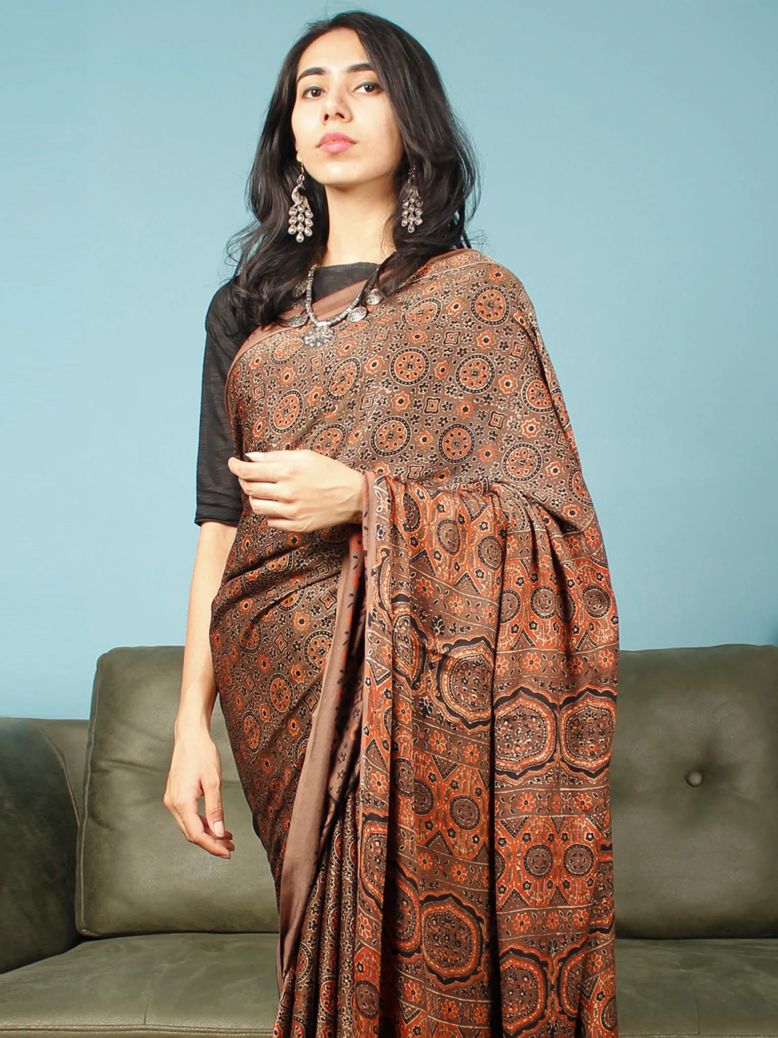 Brown Rust Black Ajrakh Hand Block Printed Modal Silk Saree in Natural Colors - S031703363