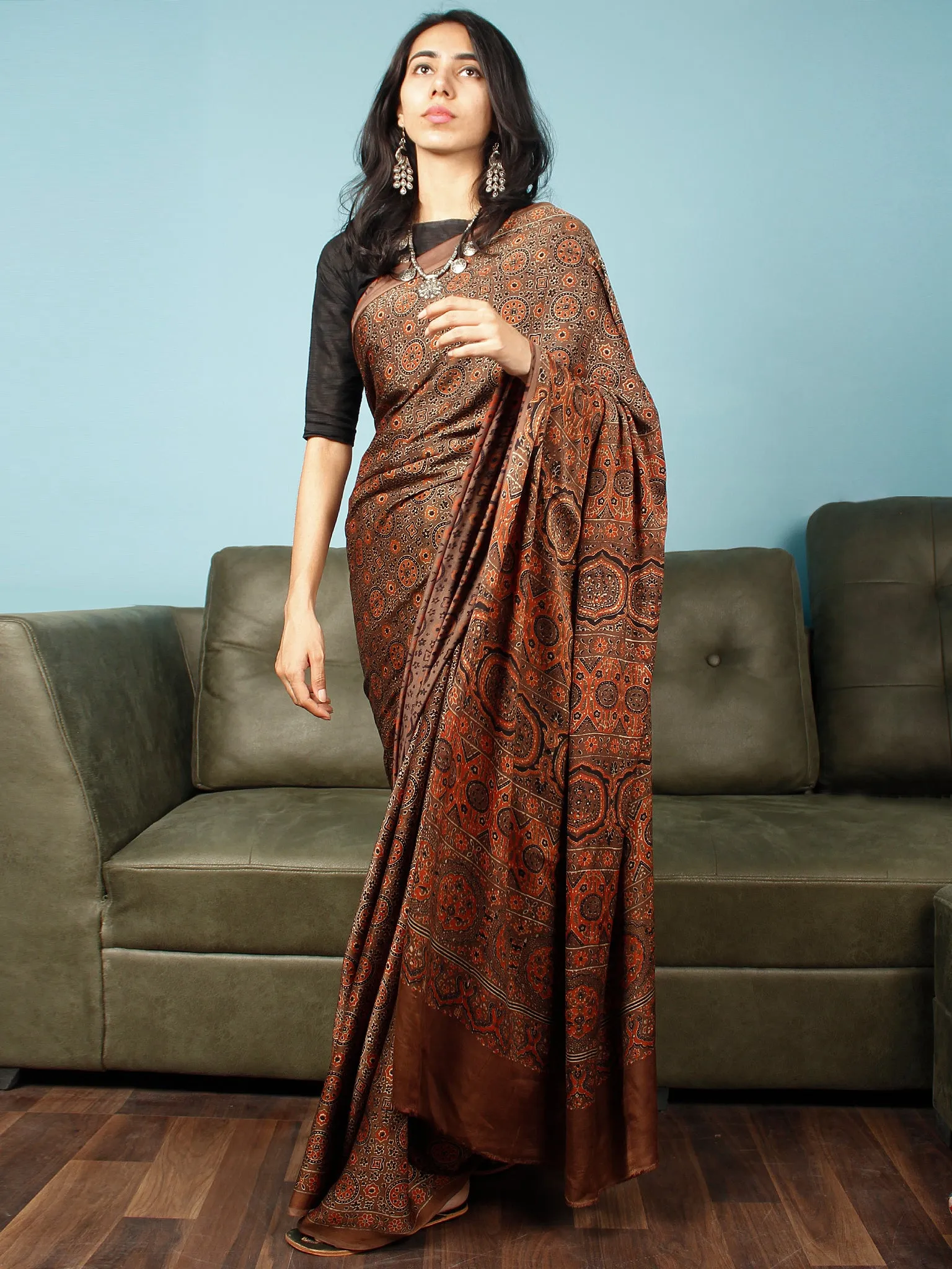 Brown Rust Black Ajrakh Hand Block Printed Modal Silk Saree in Natural Colors - S031703363