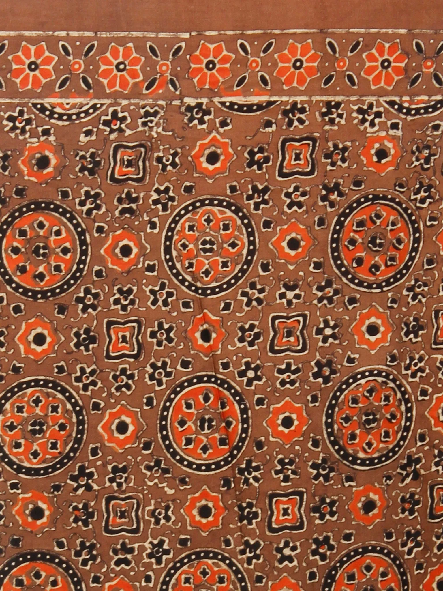 Brown Rust Black Ajrakh Hand Block Printed Modal Silk Saree in Natural Colors - S031703363